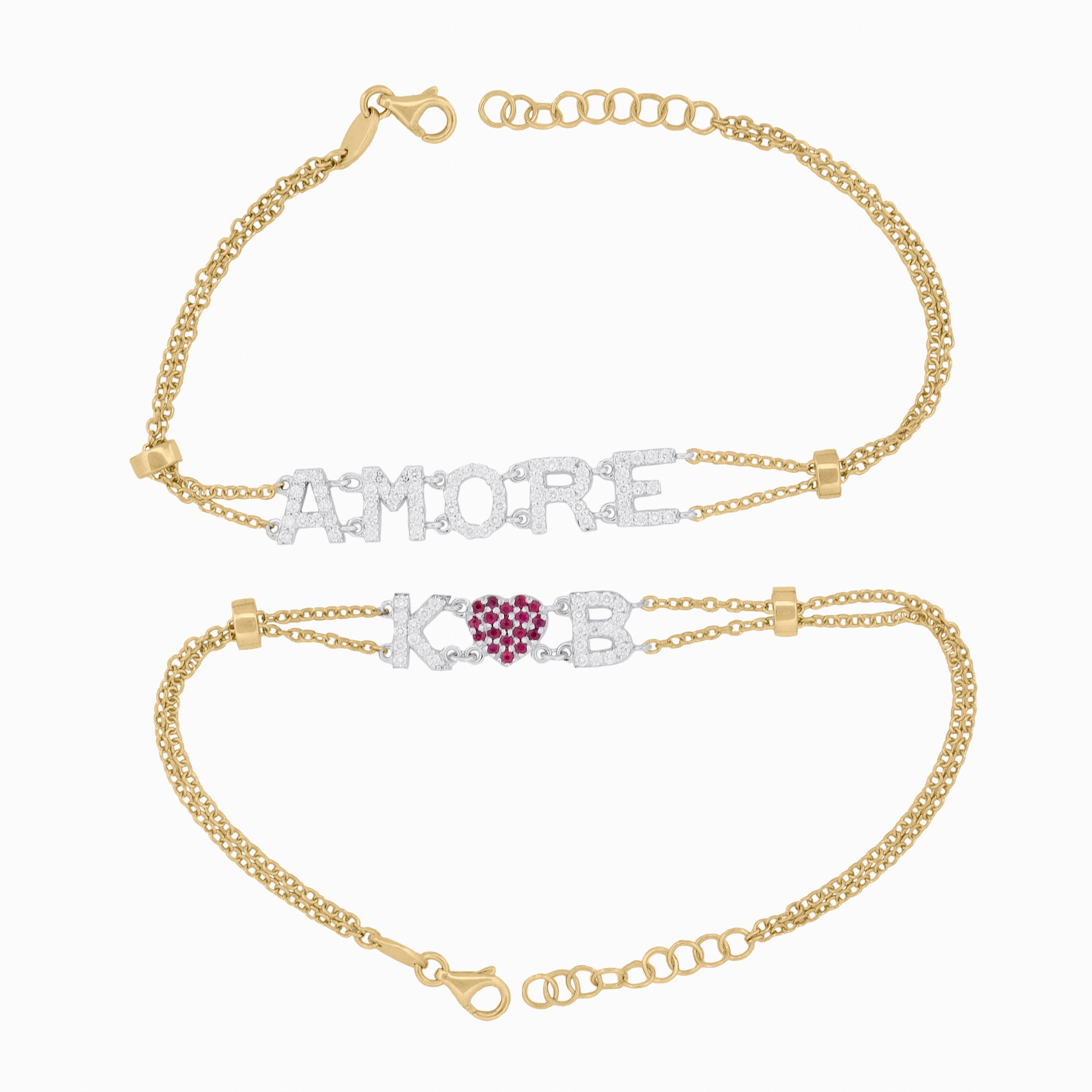 Diamond Initial Gold Bracelet with Ruby Heart