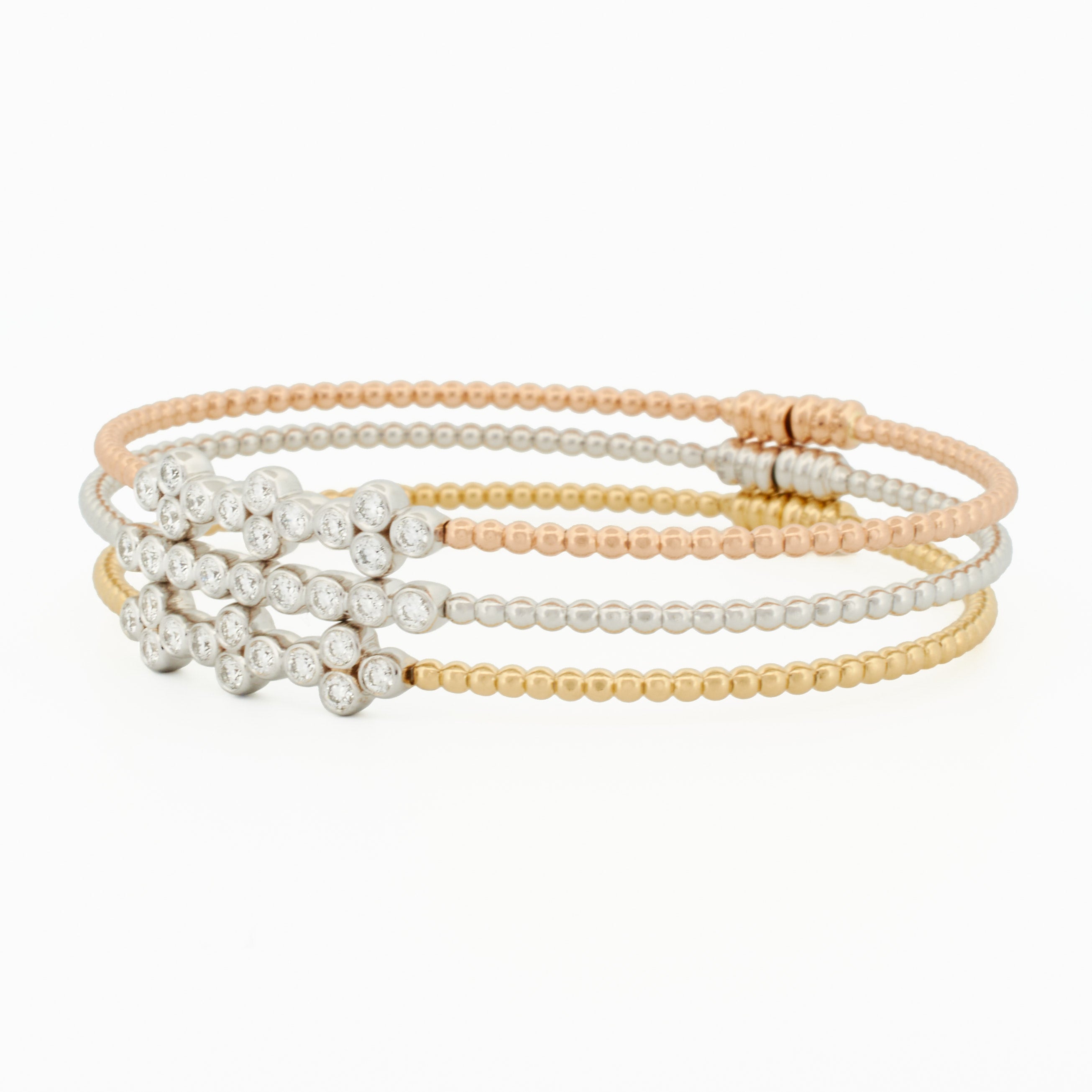 Gold Beaded Bangle with Diamond Cluster Accent