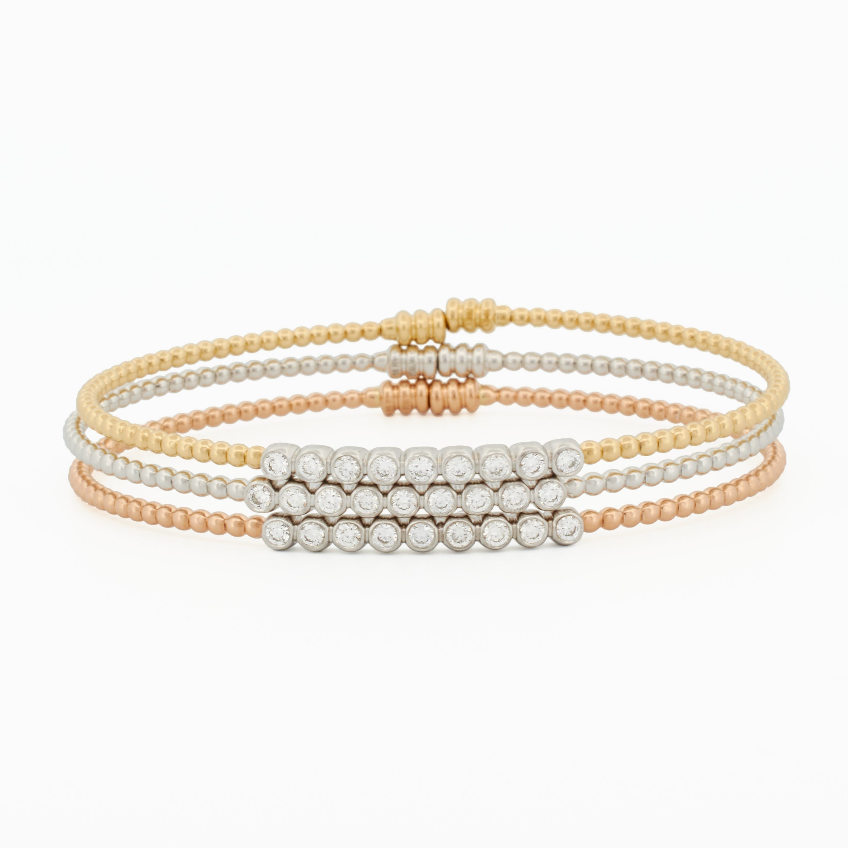 Gold Beaded Bangle with Linear Diamond Accents