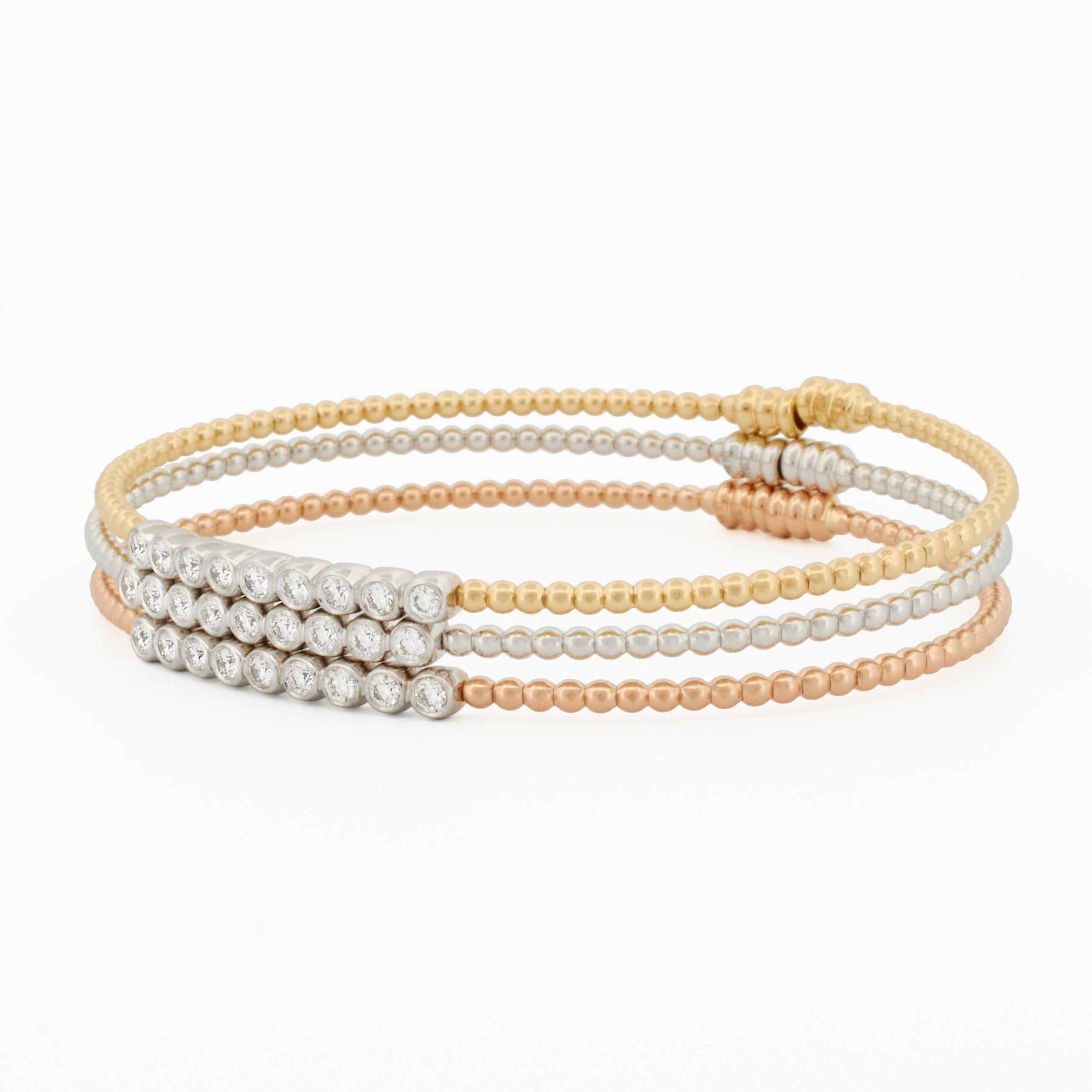 Gold Beaded Bangle with Linear Diamond Accents