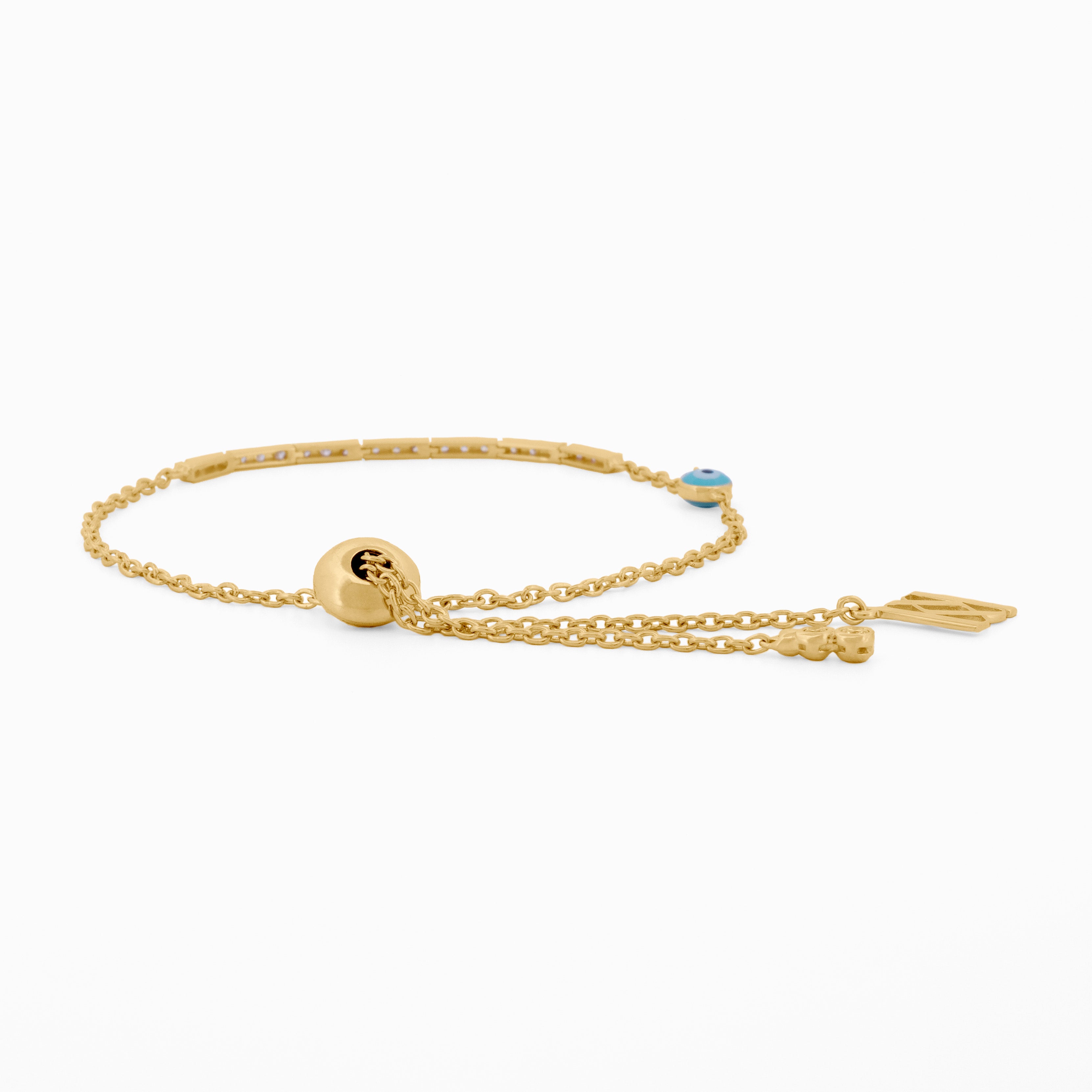 Gold Adjustable Bracelet with Diamond Links and Evil Eye
