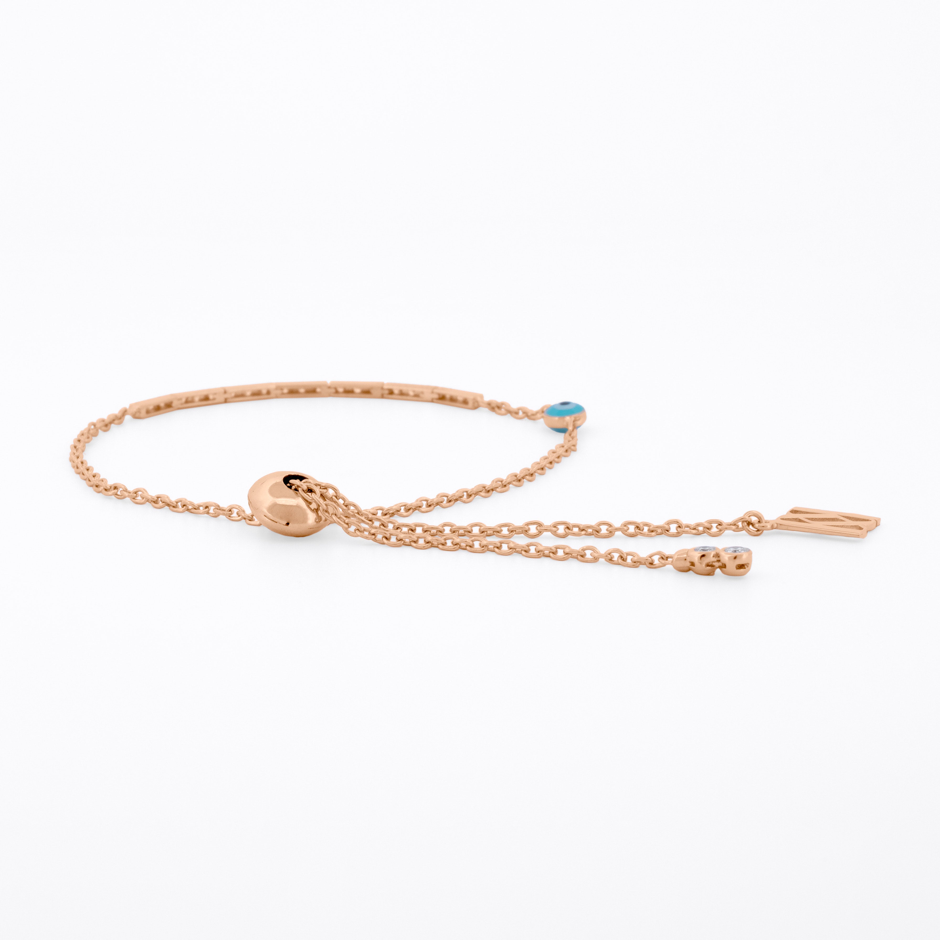 Gold Adjustable Bracelet with Diamond Links and Evil Eye