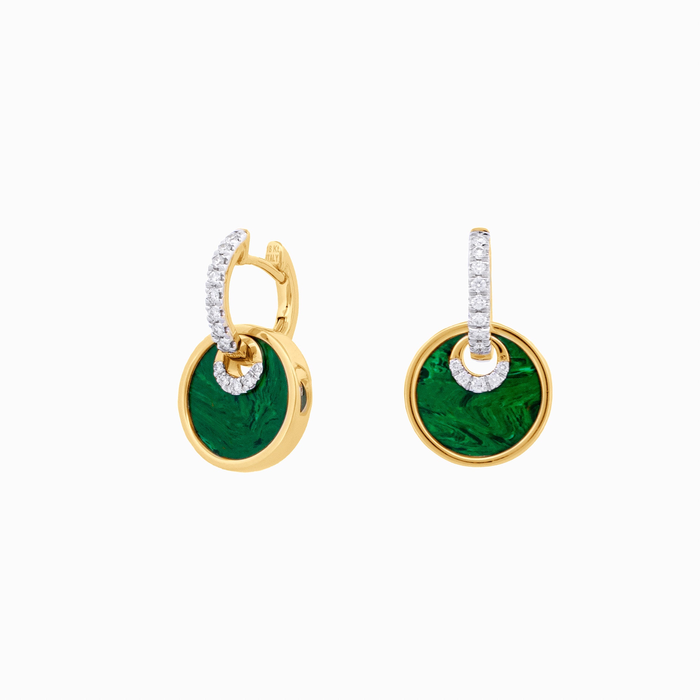 Gold Huggies with Diamond and Malachite Circle Drops