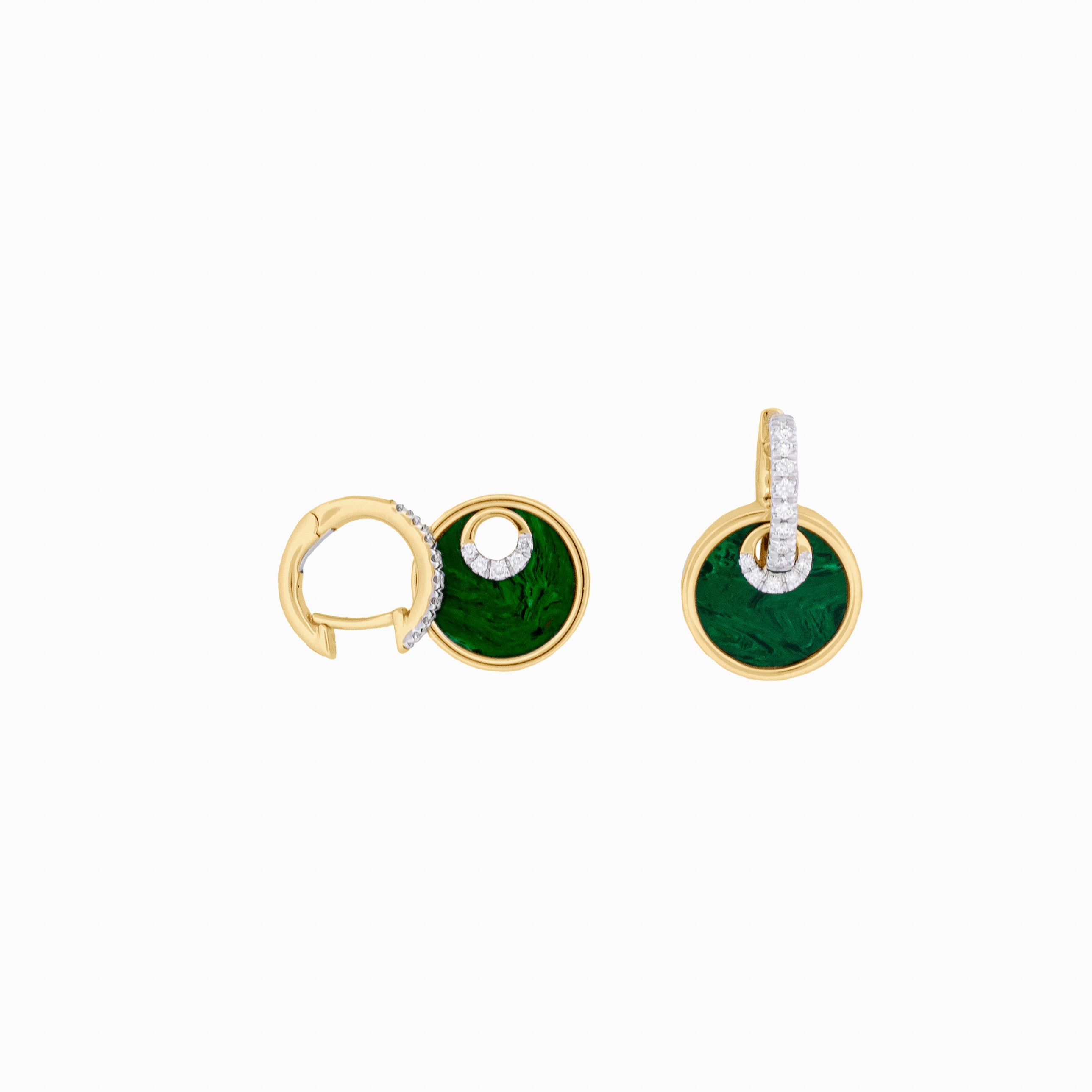 Gold Huggies with Diamond and Malachite Circle Drops