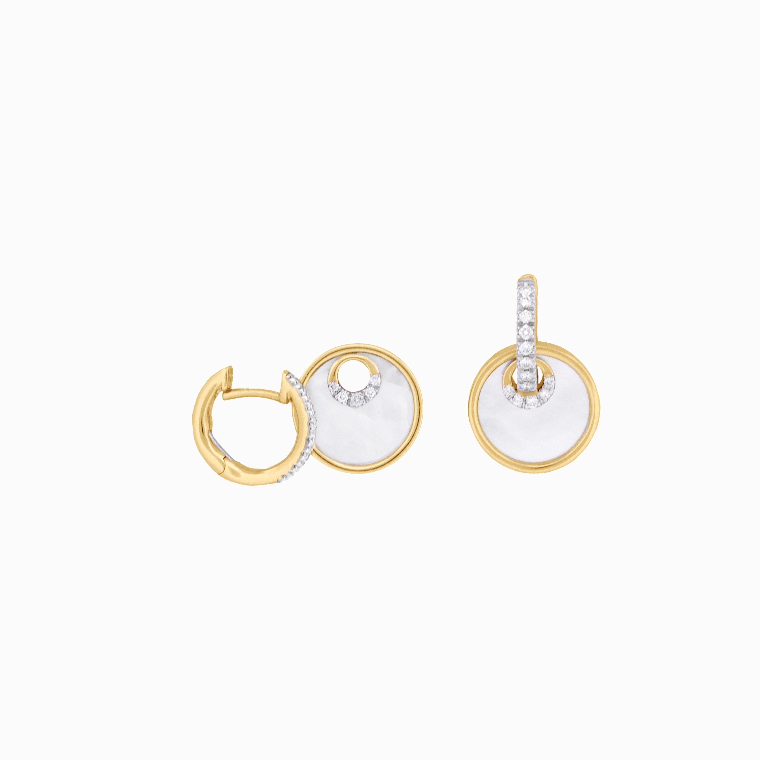 Gold Huggies with Diamond and Mother-of-Pearl Circle Drops