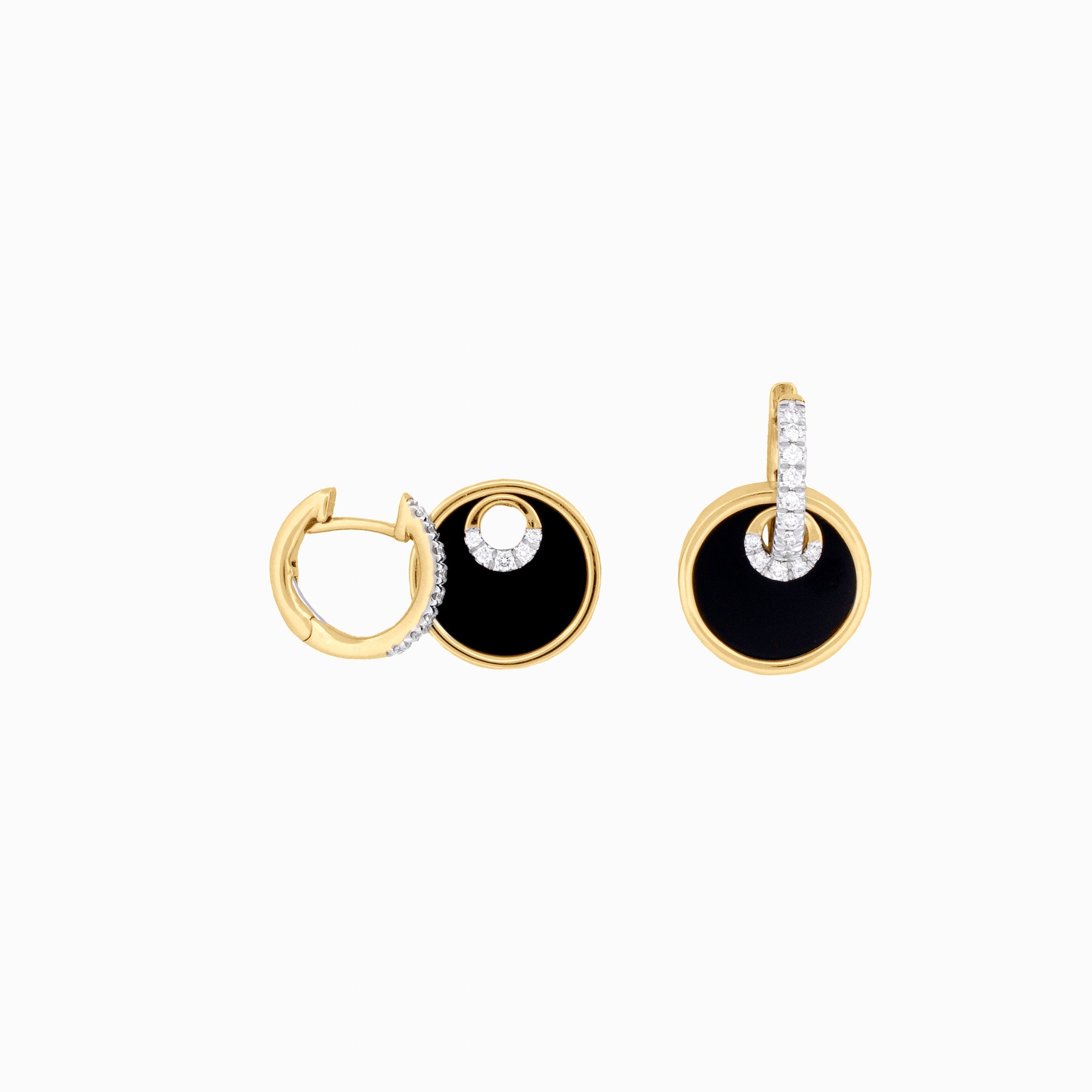 Gold Huggies with Diamond and Onyx Circle Drops