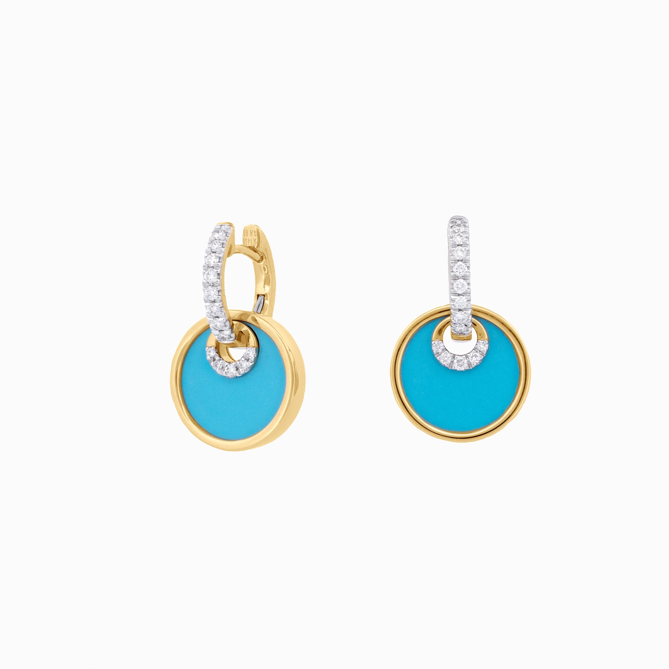 Gold Huggies with Diamond and Turquoise Circle Drops