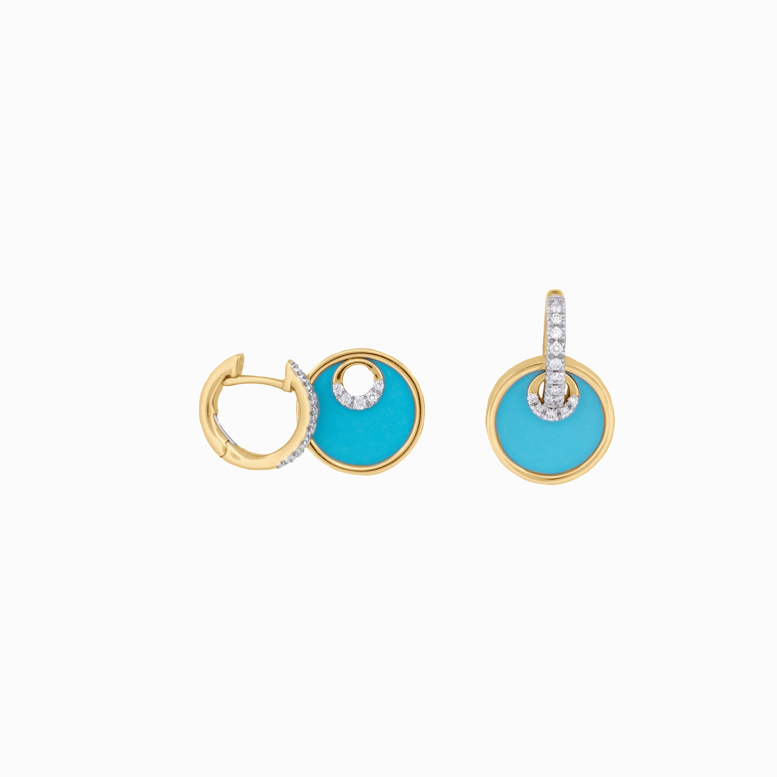 Gold Huggies with Diamond and Turquoise Circle Drops