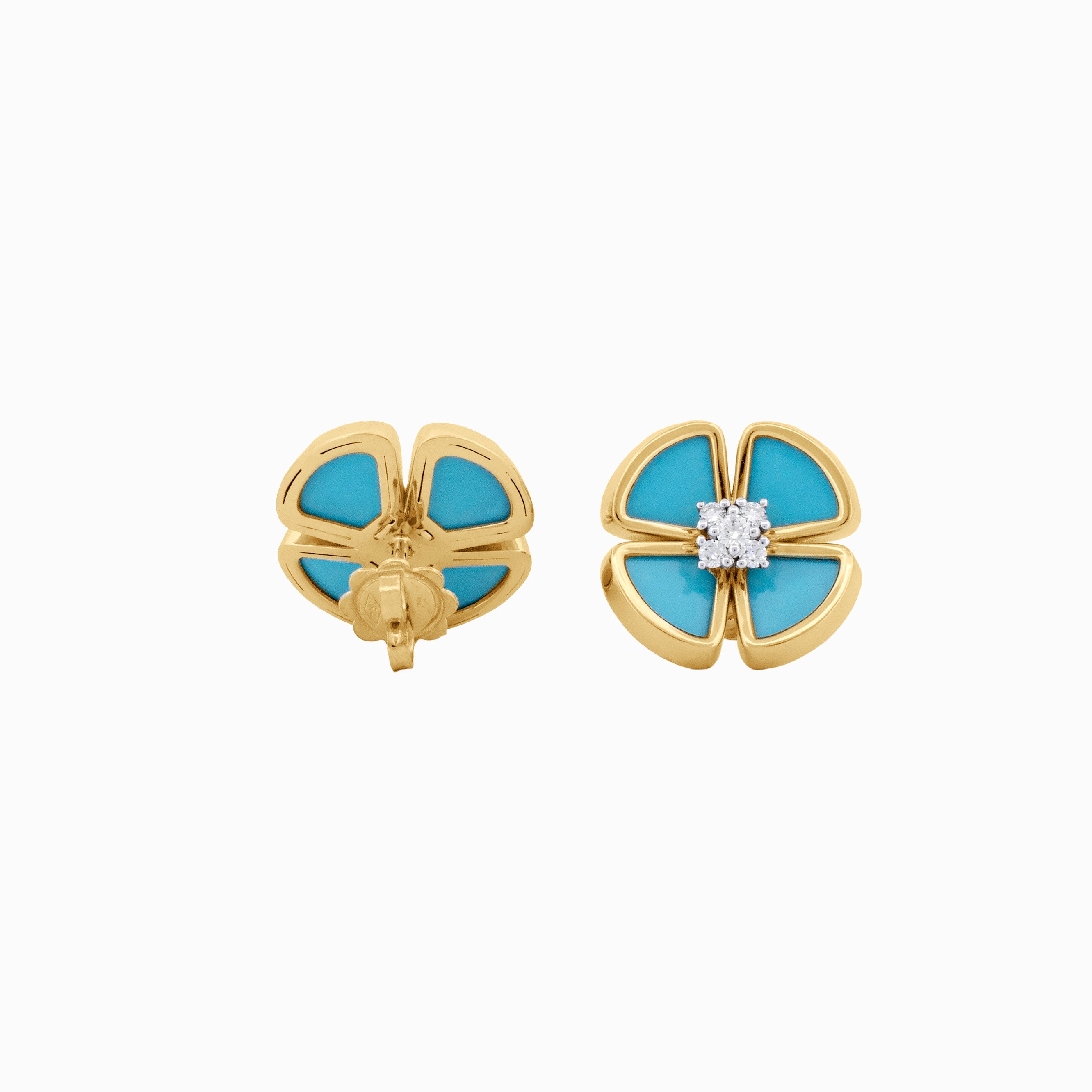 Turquoise Clover Stud Earrings with Diamond Centers