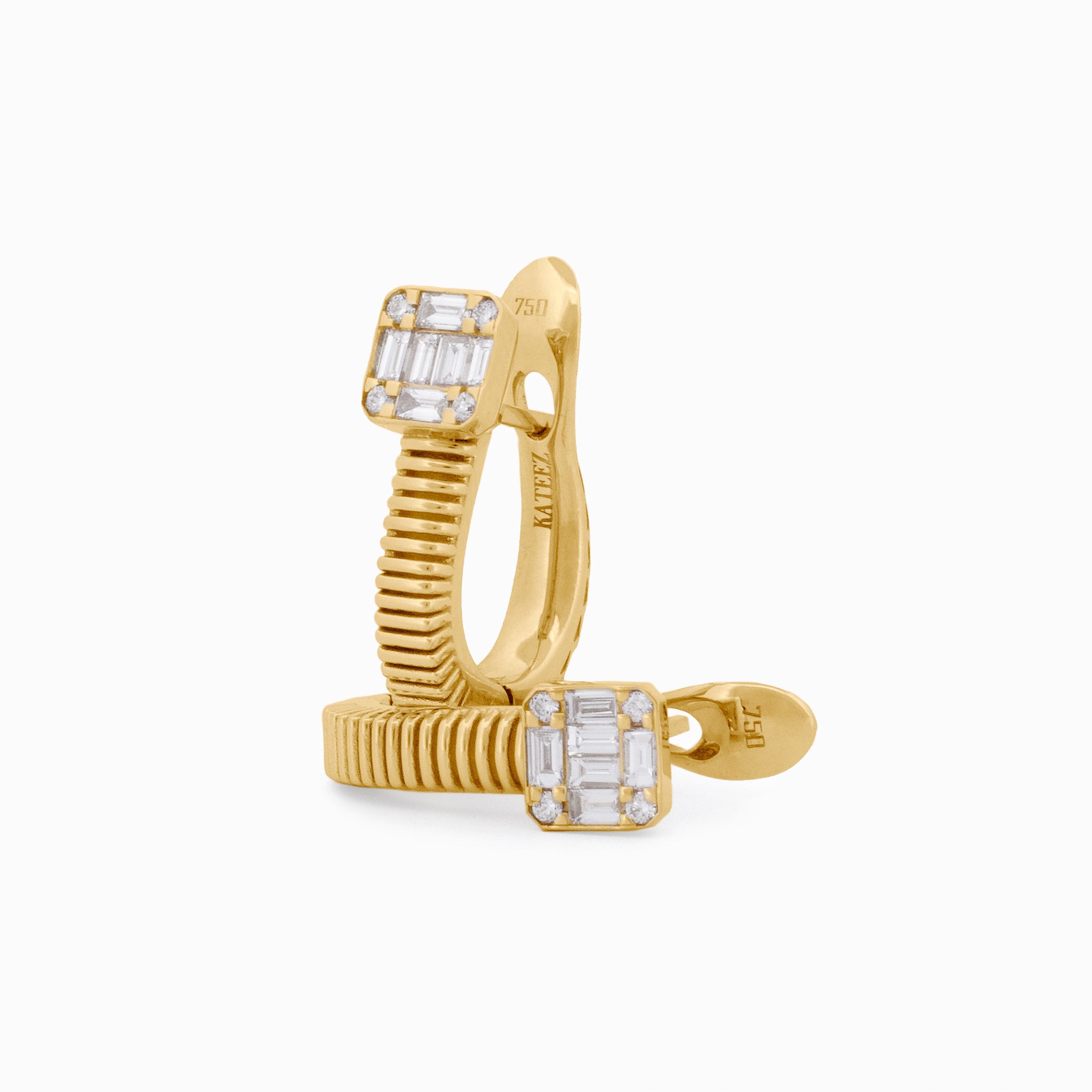 Gold Coil Earrings with Square Diamond Baguettes