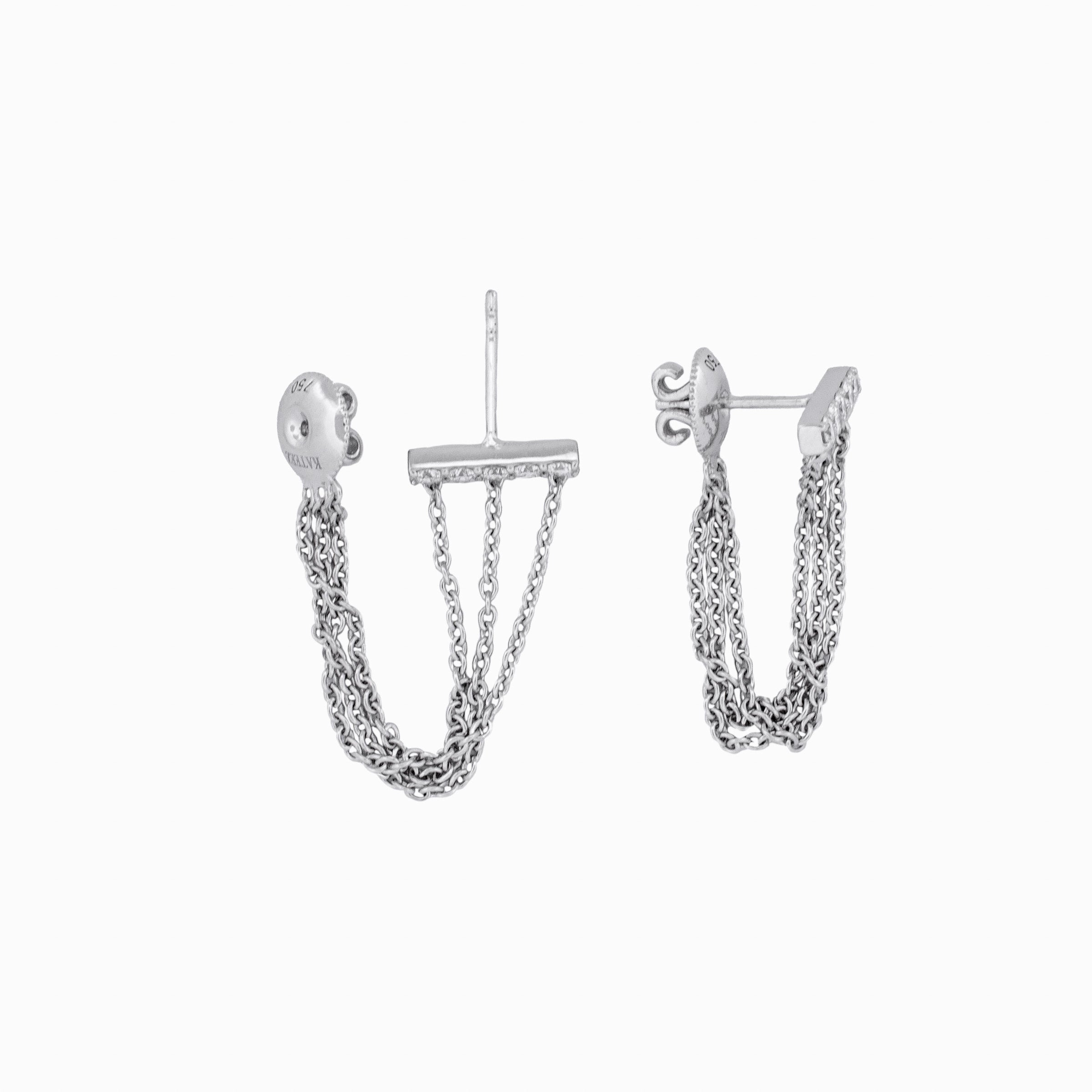 Diamond Bar Earrings with Three Chain Drops