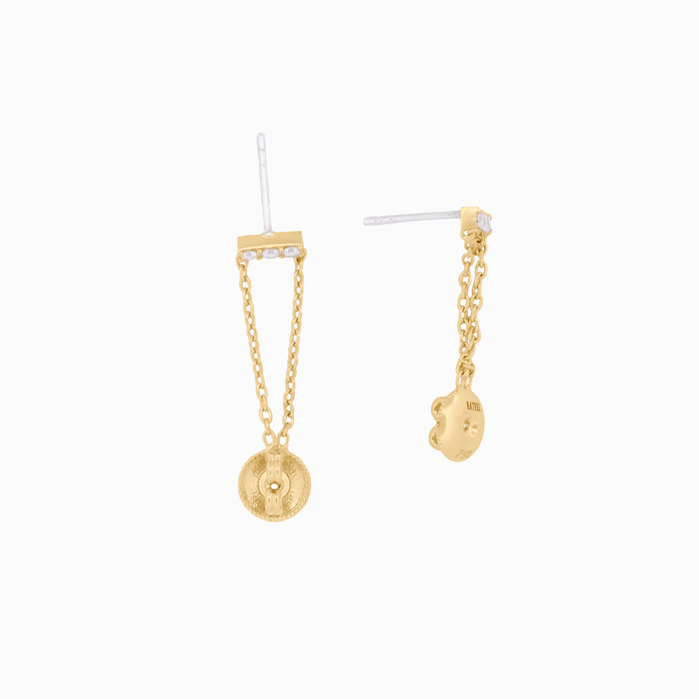 Diamond Bar Earrings with Two Chain Drops
