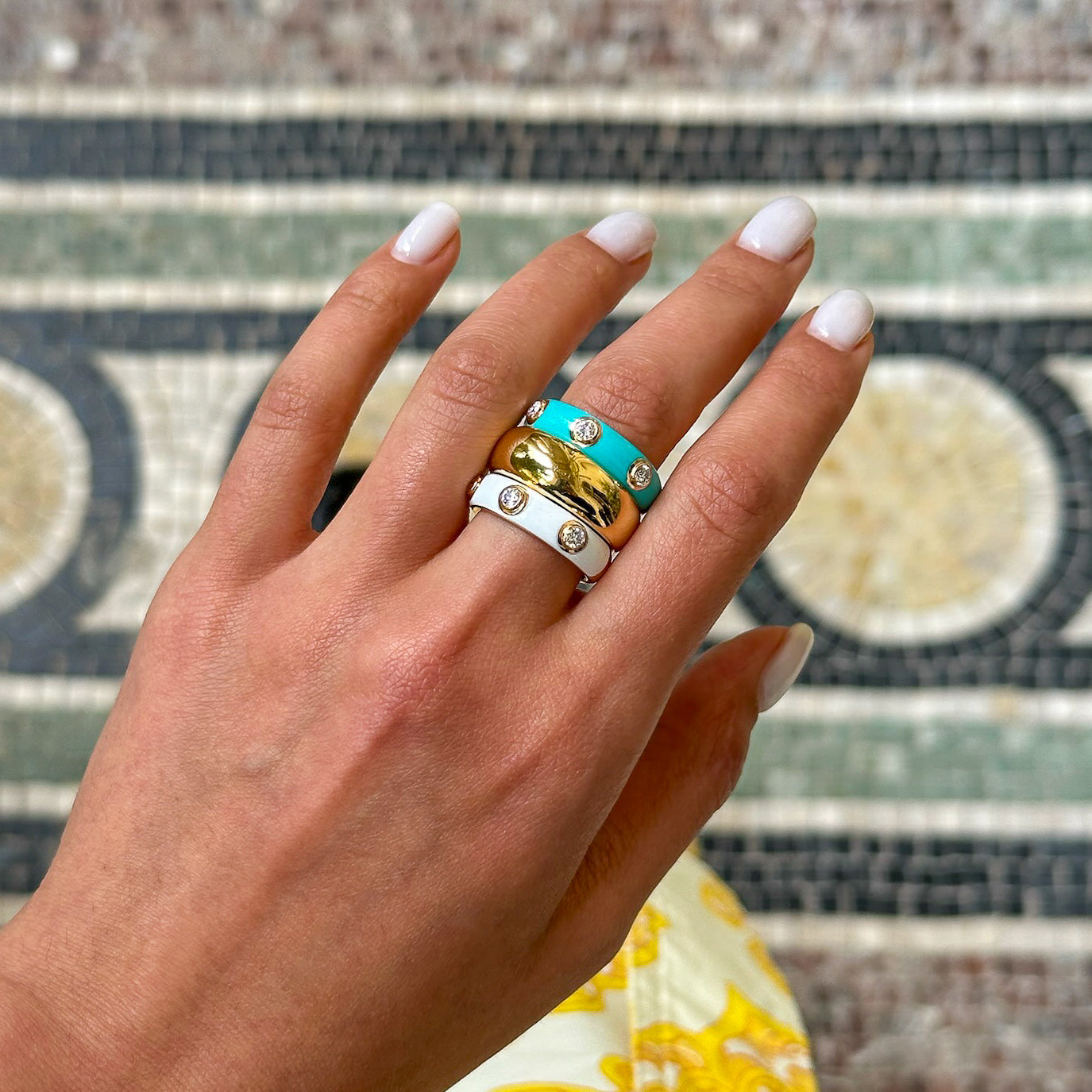 Turquoise Enamel and Diamond Half-Band Ring