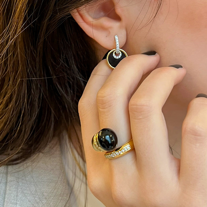 Gold Huggies with Diamond and Onyx Circle Drops