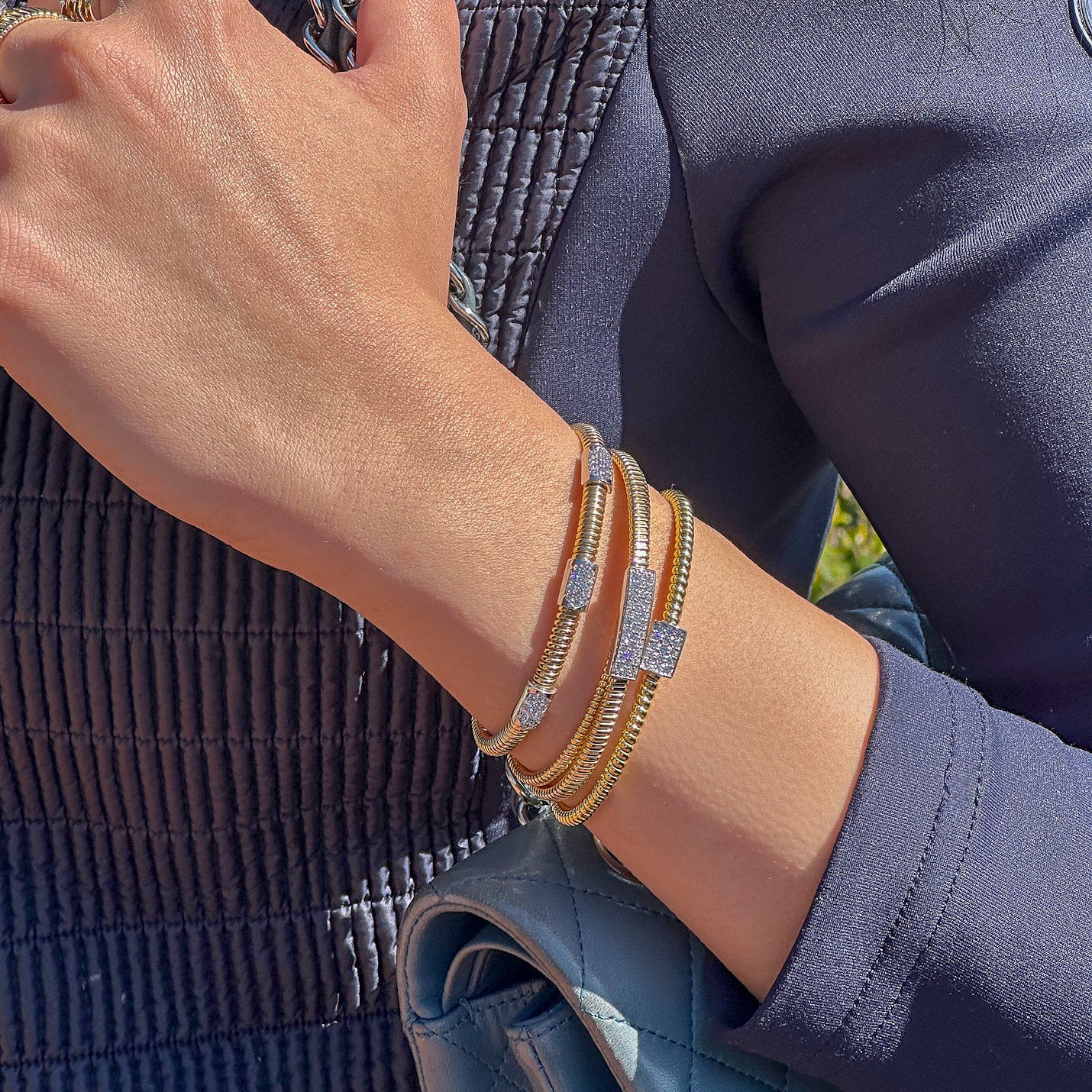 Double Tubogas Cuff Bracelet with Diamond Pavé Bar