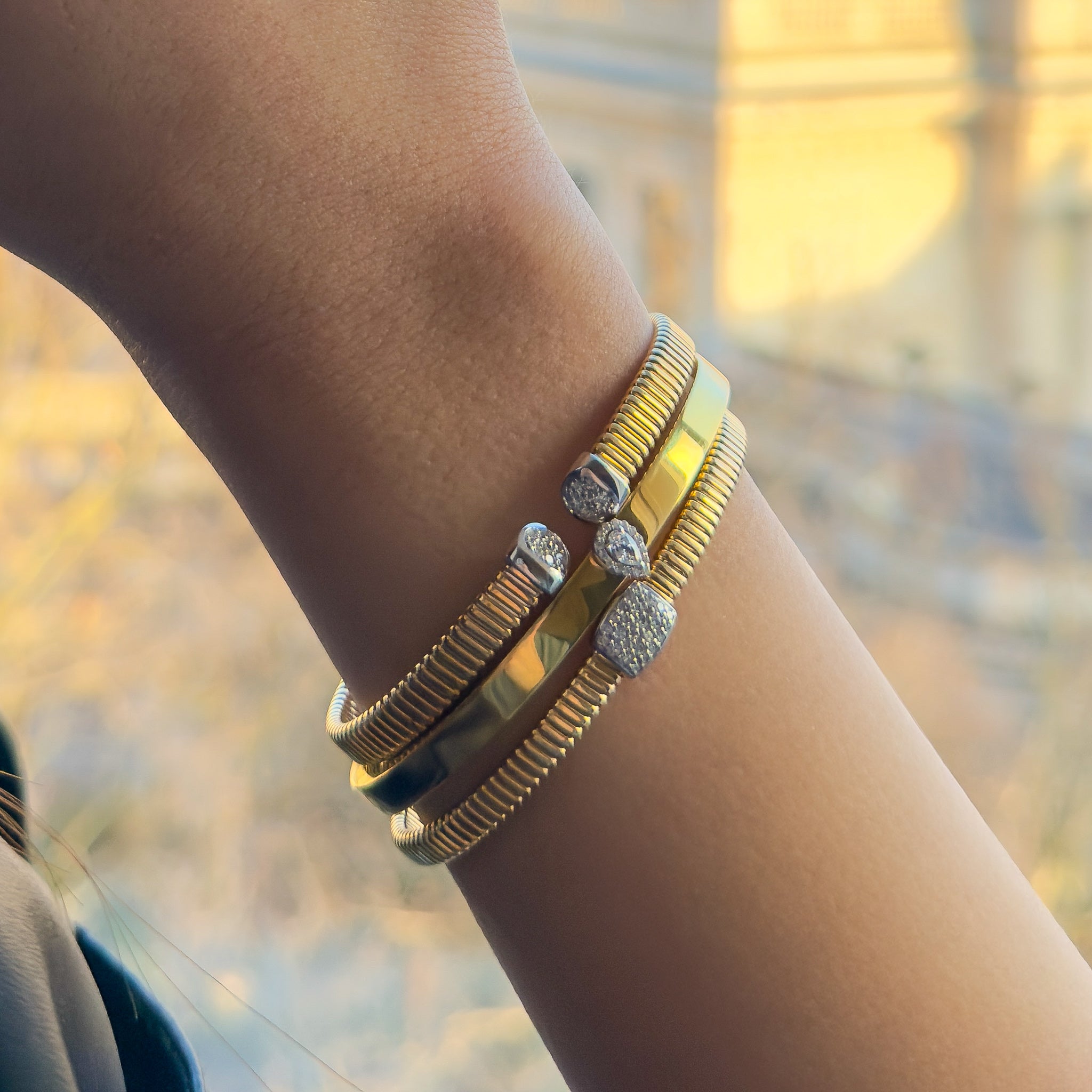 Smooth Cuff Bangle With Pear-Shaped Diamond Accent