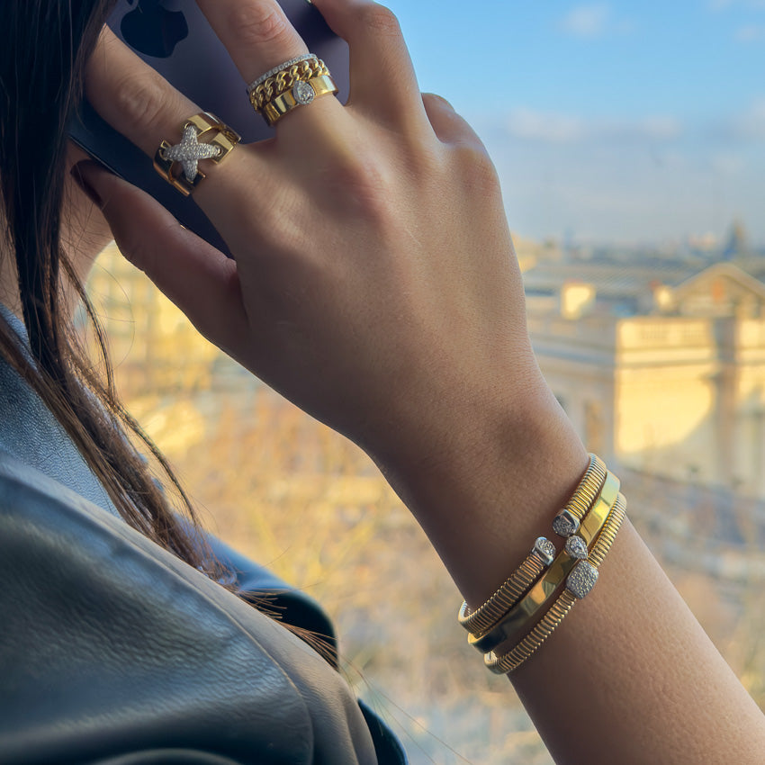 Smooth Cuff Bangle With Pear-Shaped Diamond Accent