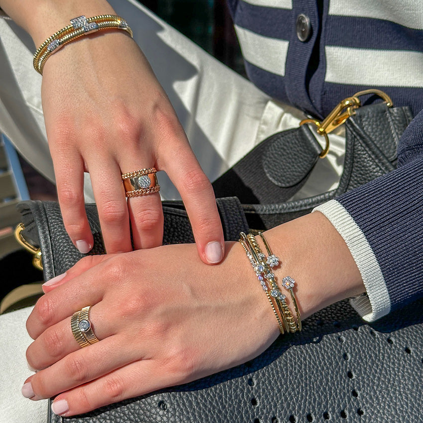 Ring with Chain Accents and Round Pavé Diamond Center