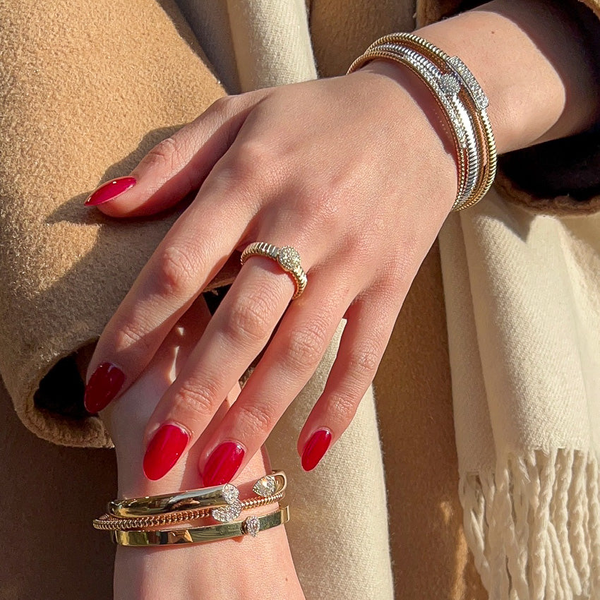Smooth Gold Cuff Bangle with Pear Shape Diamonds
