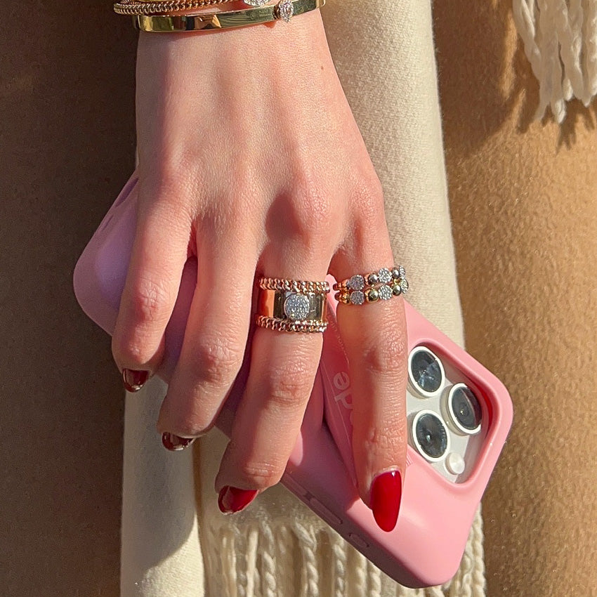 Ring with Chain Accents and Round Pavé Diamond Center