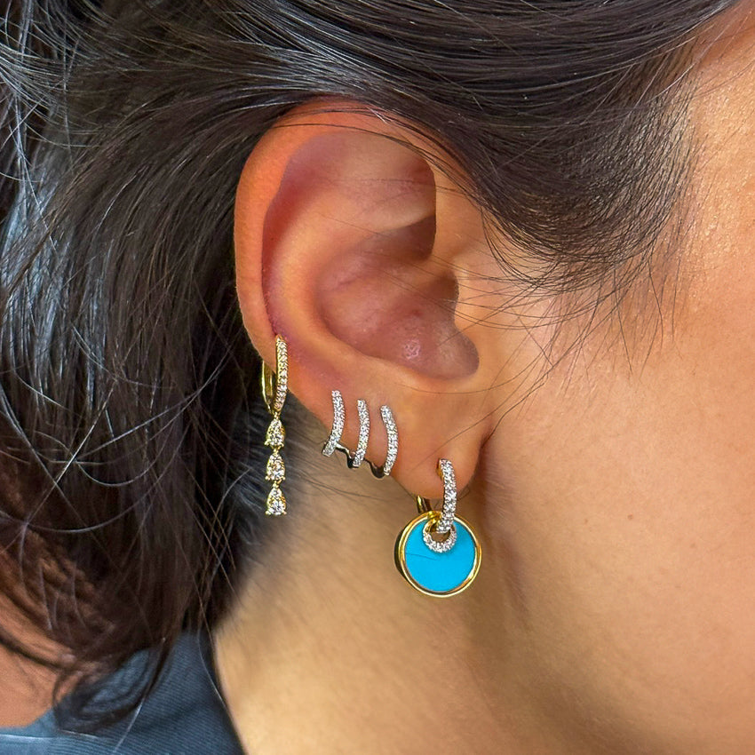 Gold Huggies with Diamond and Turquoise Circle Drops