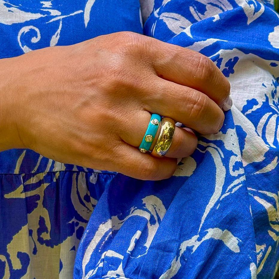Turquoise Enamel and Diamond Half-Band Ring