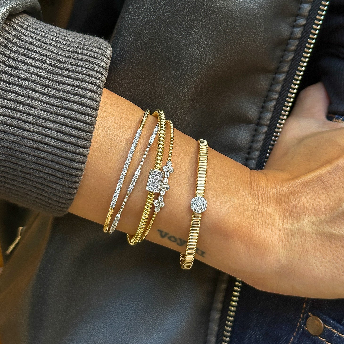 Gold Beaded Bangle with Diamond Cluster Accent