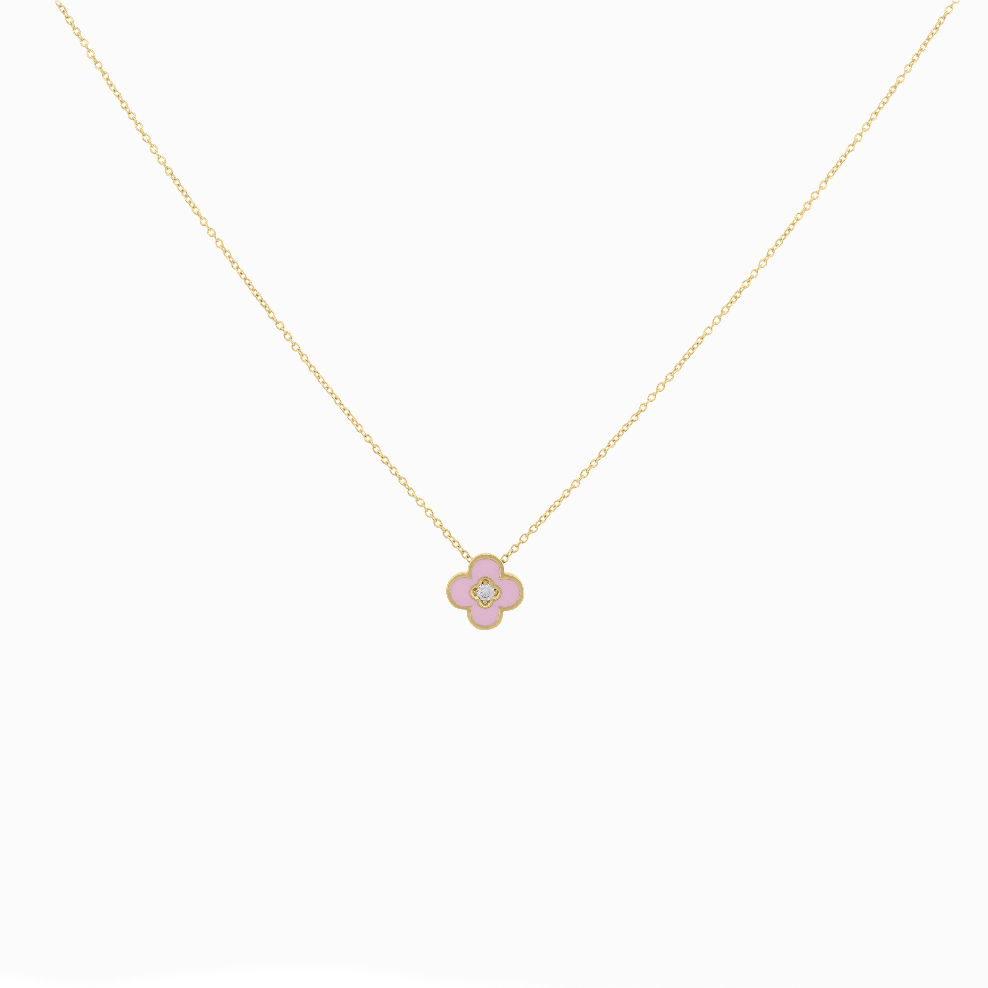 Pink Enamel Clover Pendant with Diamond Center