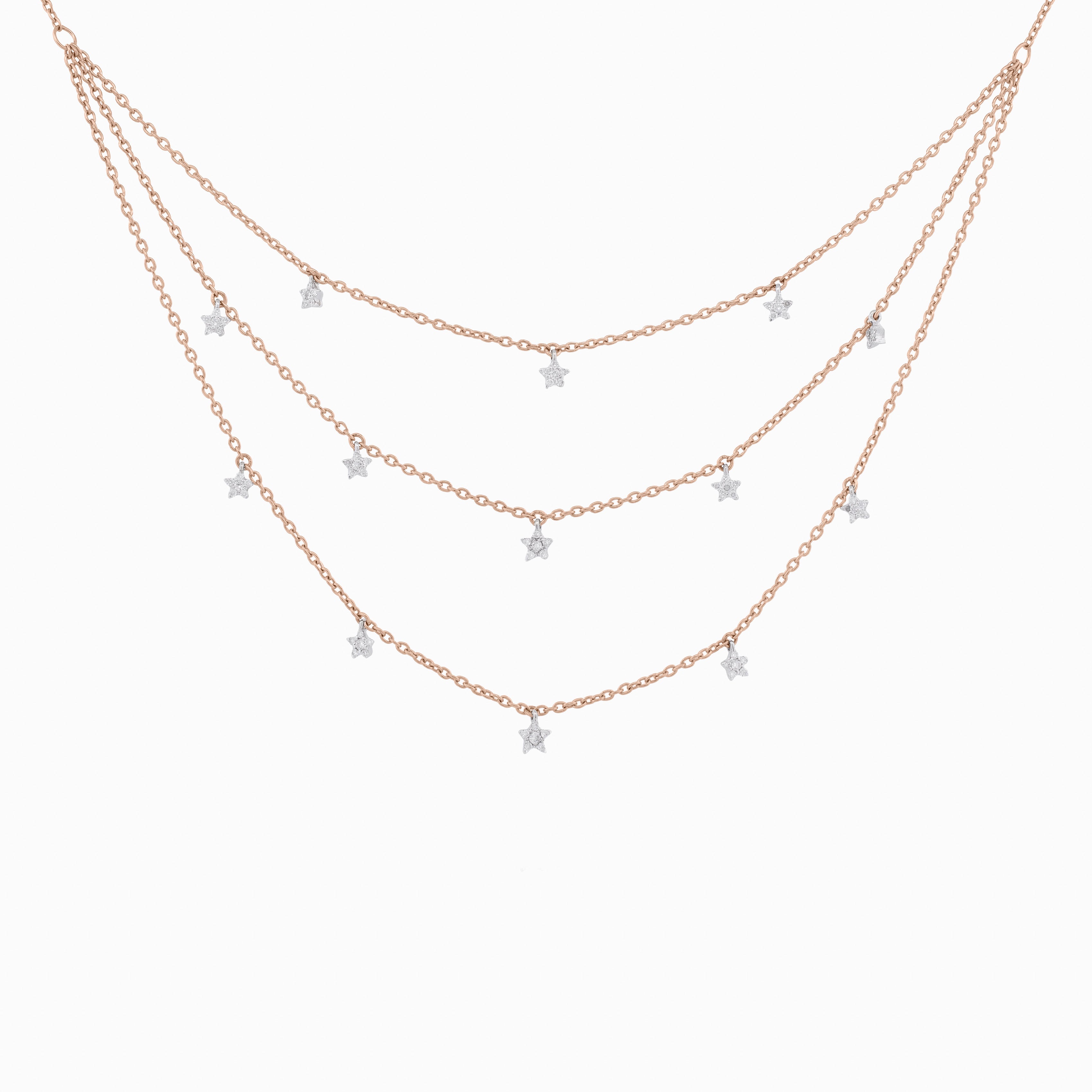 Triple Layer Chain Necklace with Cascading Pavé Diamond Stars