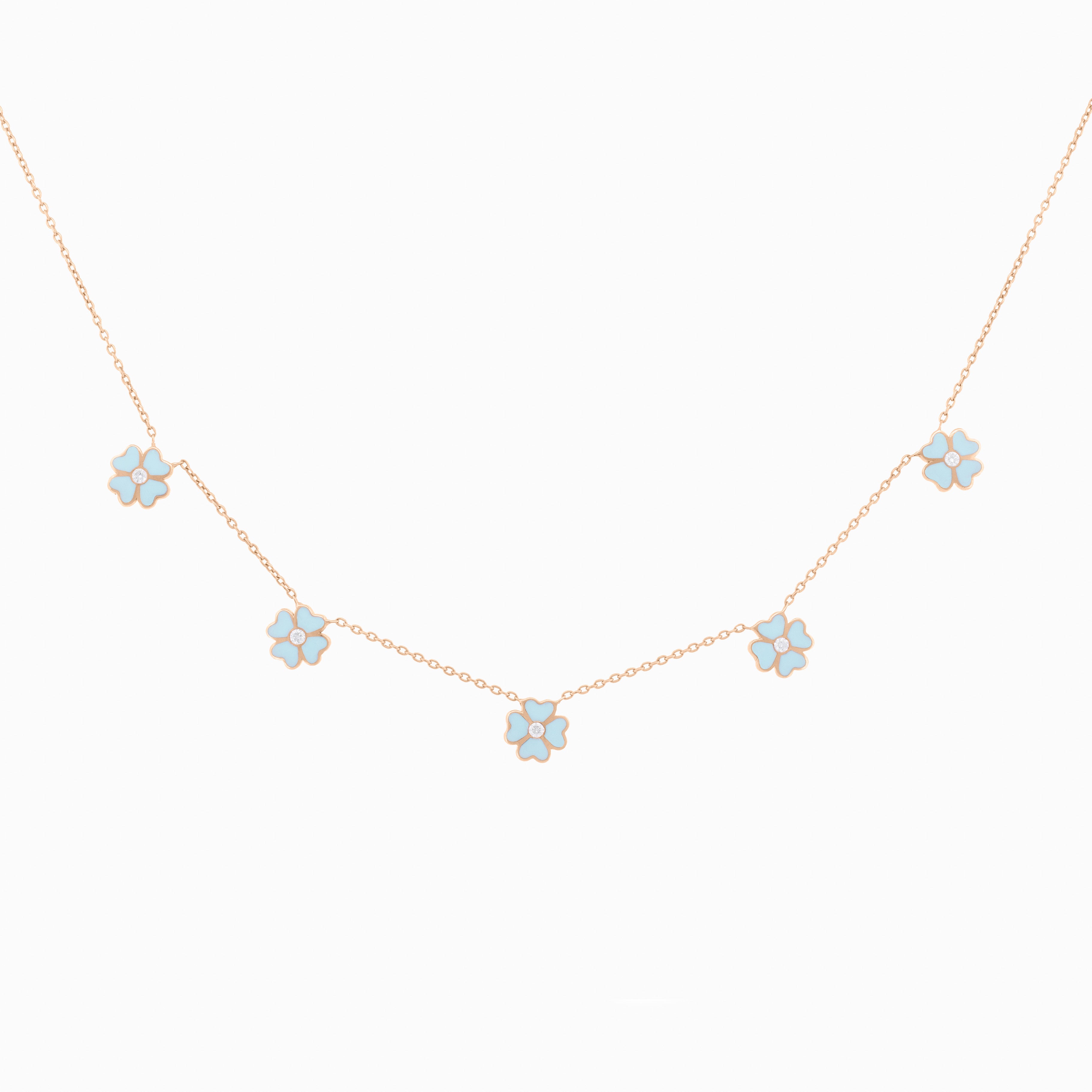 Aquamarine Enamel Flower Necklace with Diamond Center