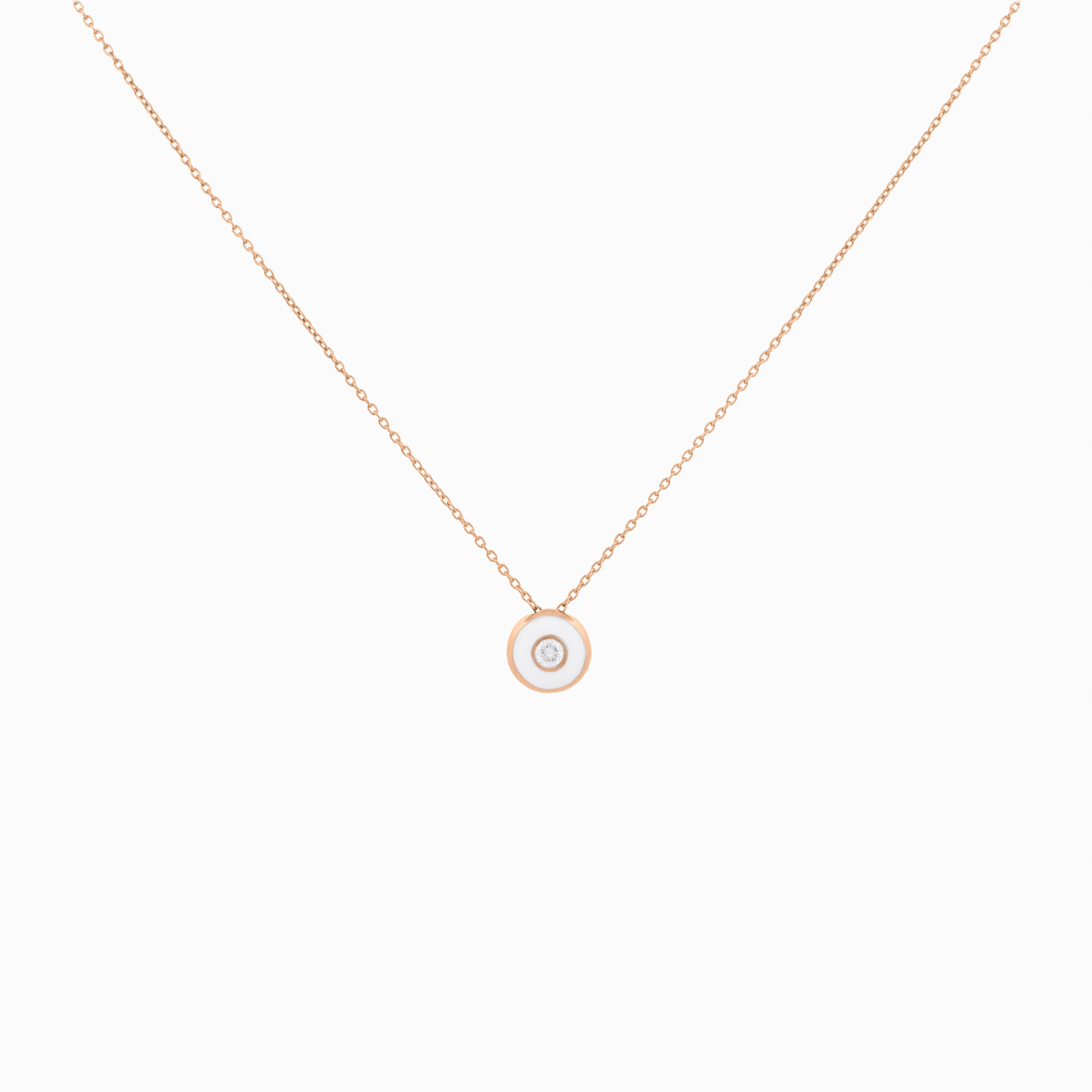 White Enamel Round Pendant with Diamond Center