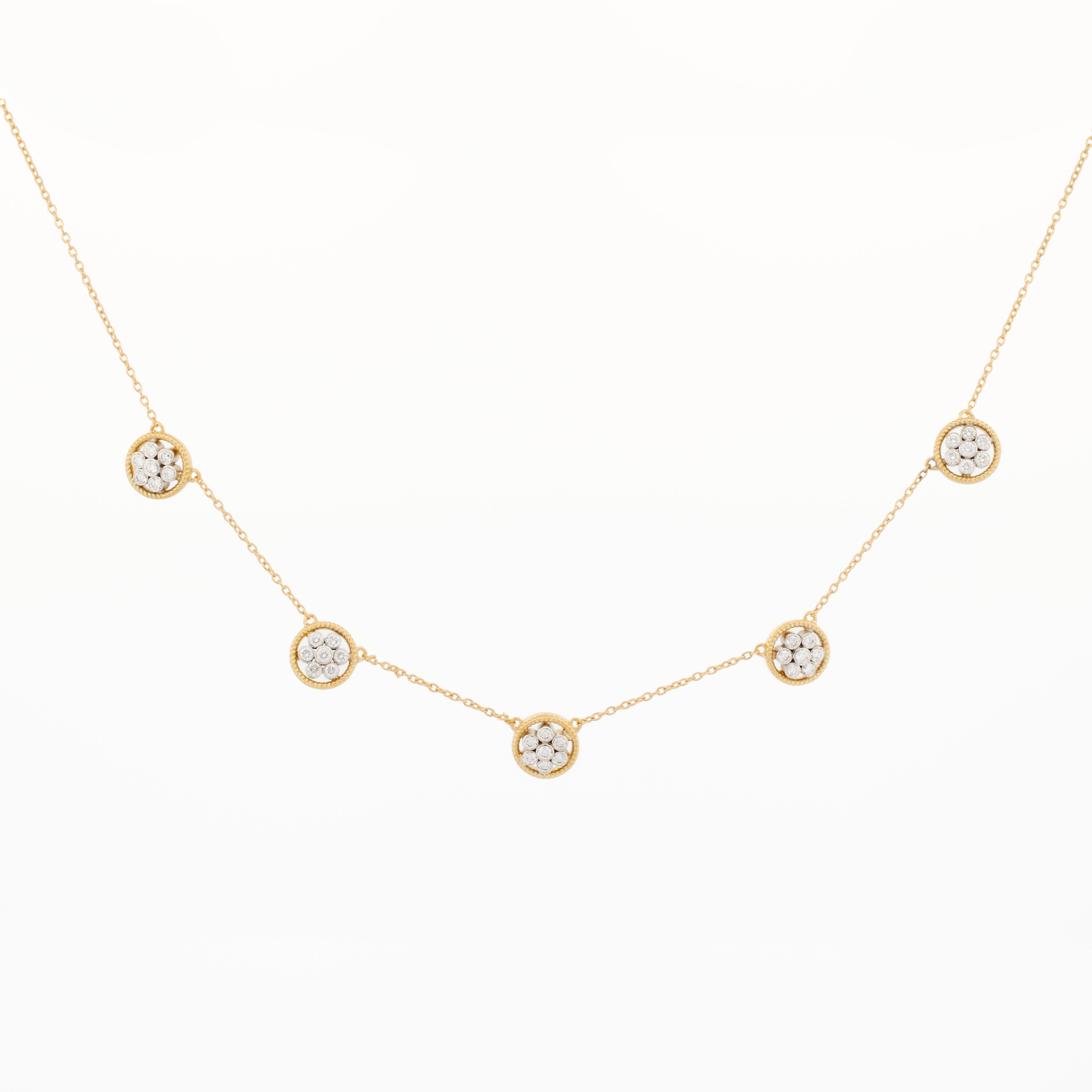 Gold Necklace with Round Diamond Flower Clusters
