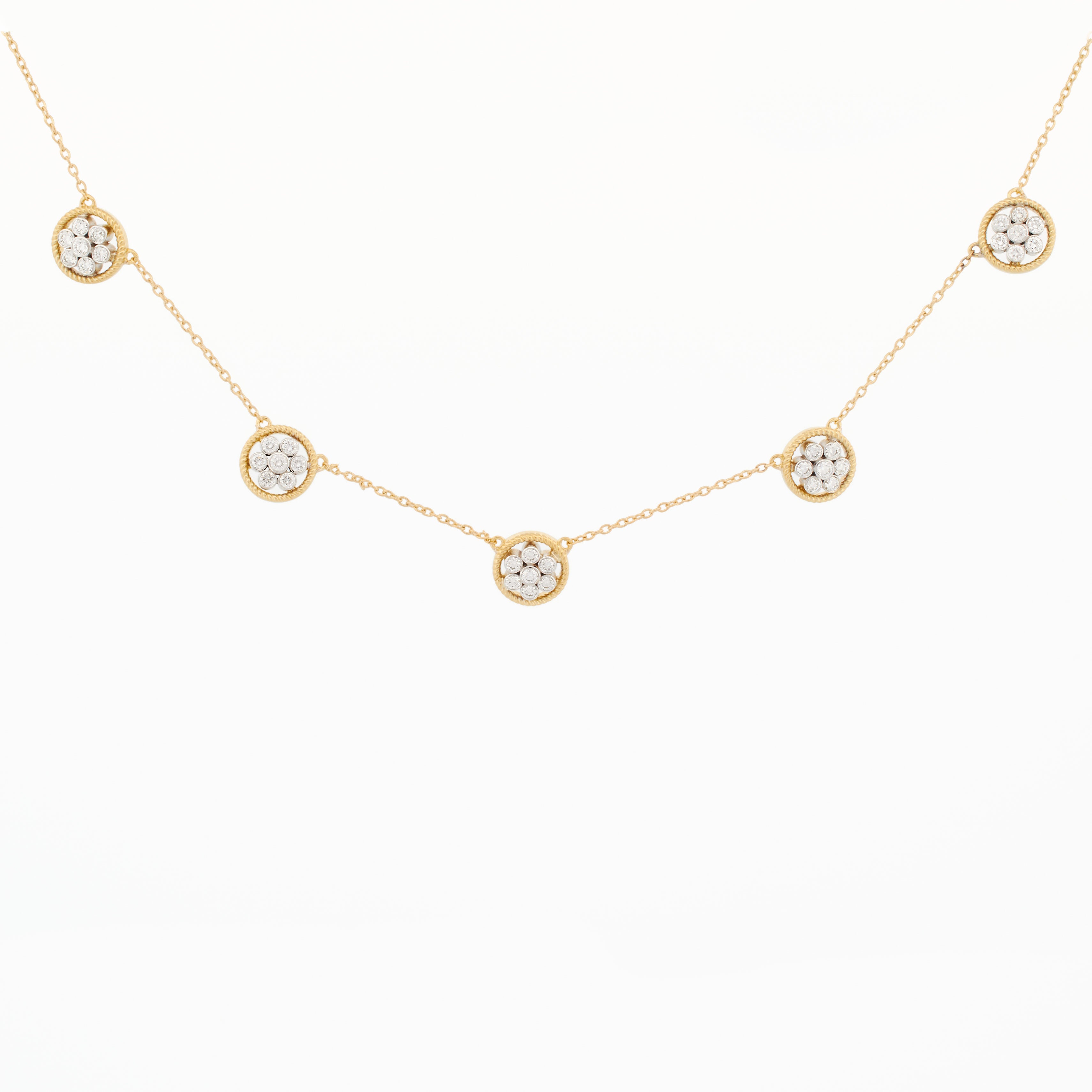 Gold Necklace with Round Diamond Flower Clusters