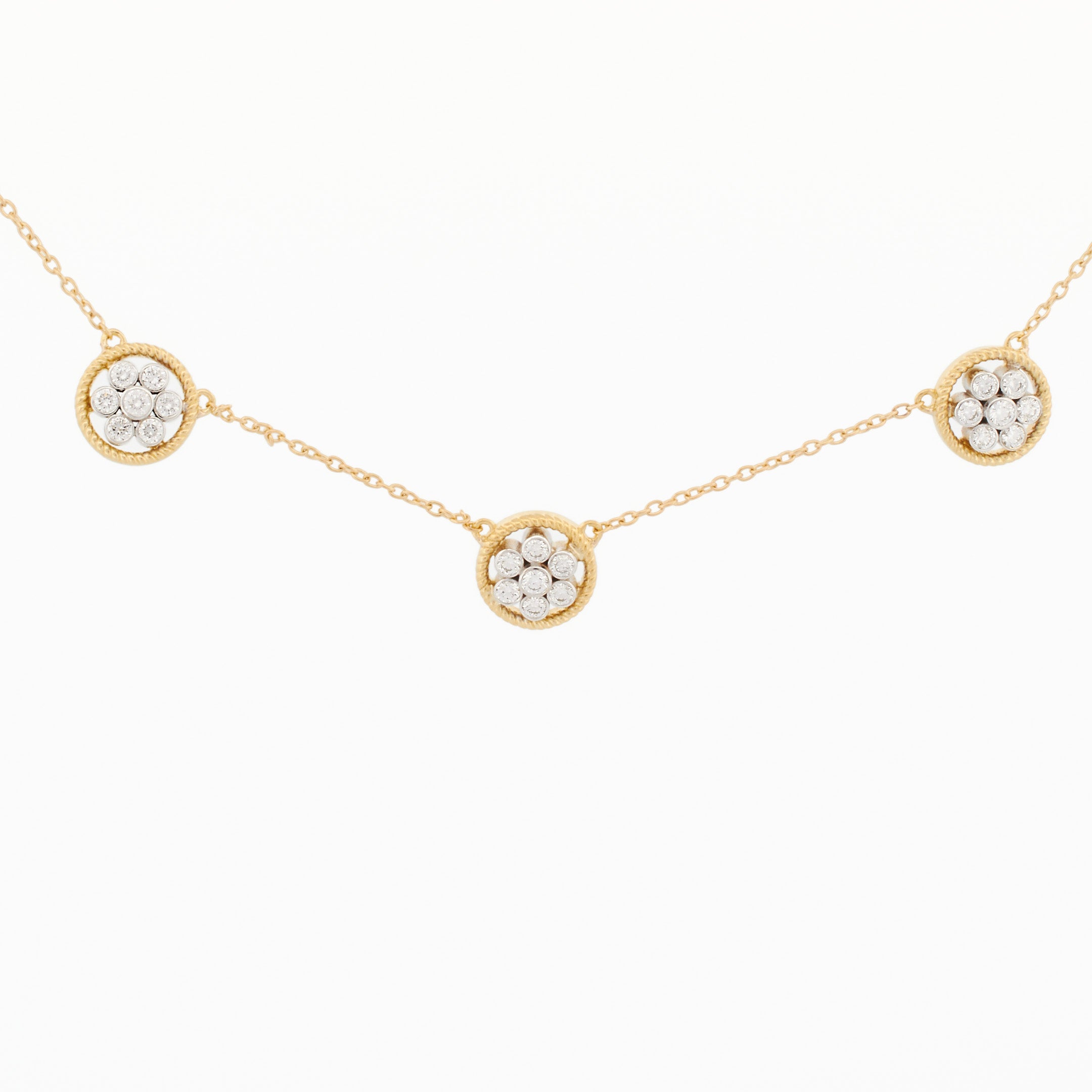 Gold Necklace with Round Diamond Flower Clusters