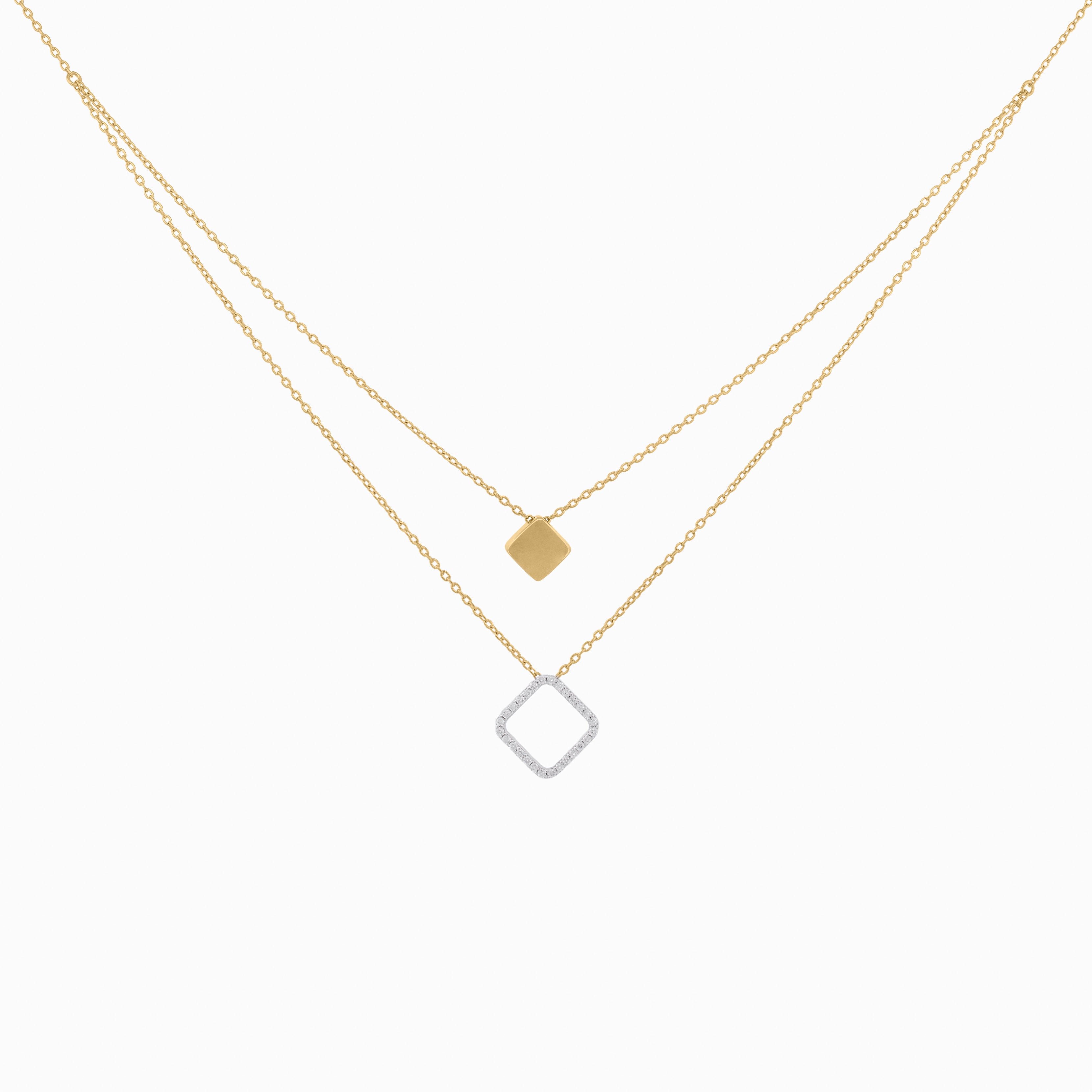 Double Layer Chain Necklace With Square Shape Pendants with Diamond