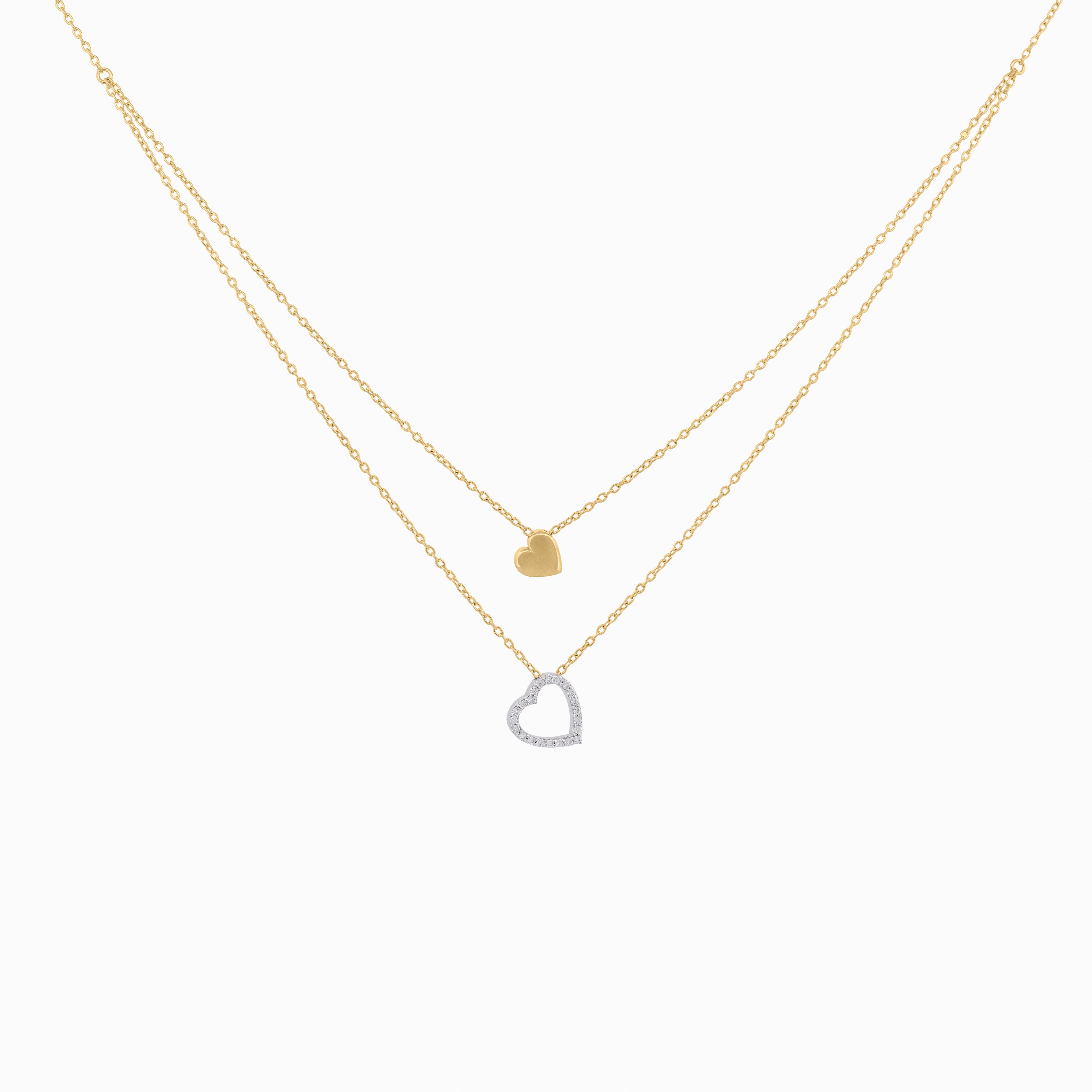 Double Layer Chain Necklace With Heart Shape Pendants with Diamond