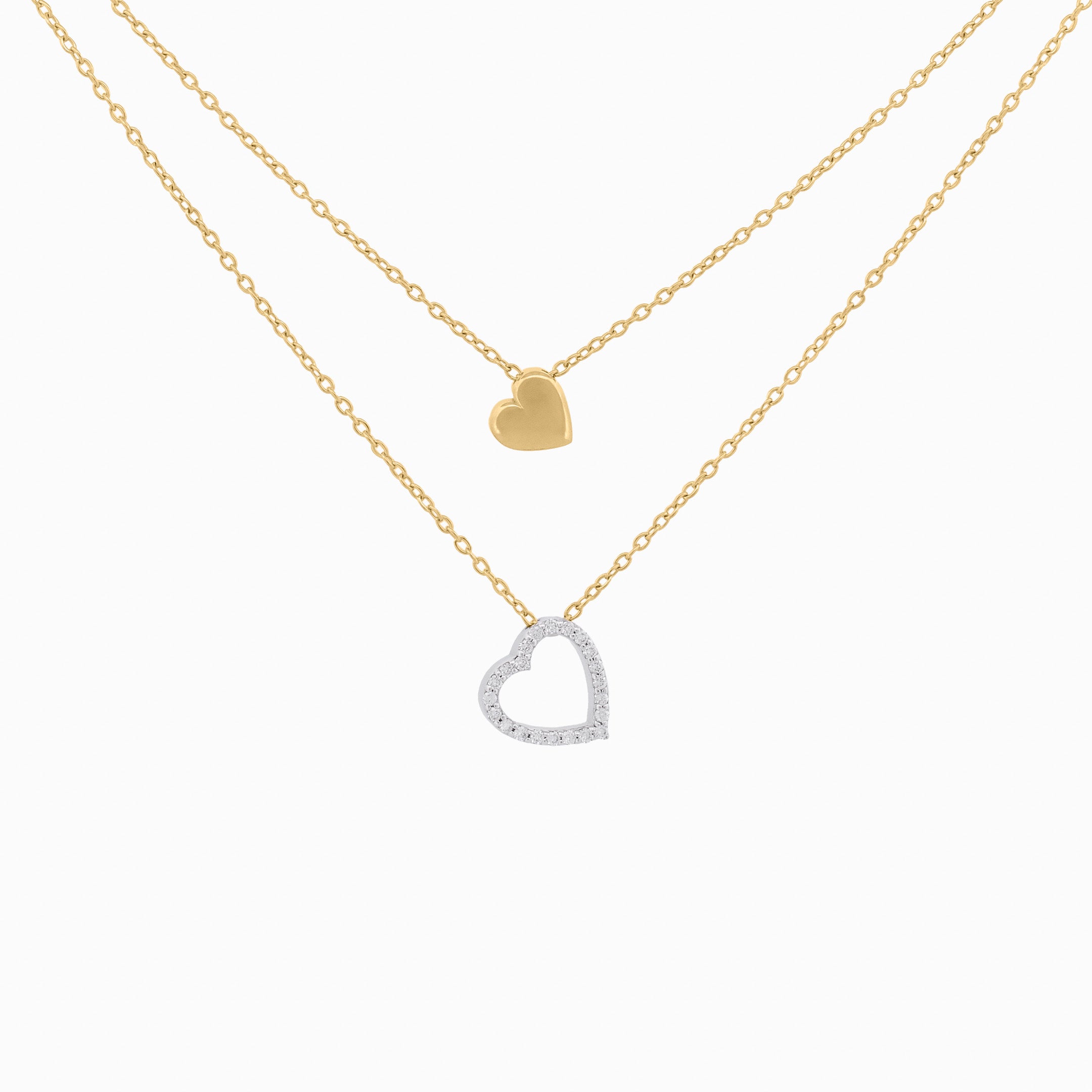Double Layer Chain Necklace With Heart Shape Pendants with Diamond