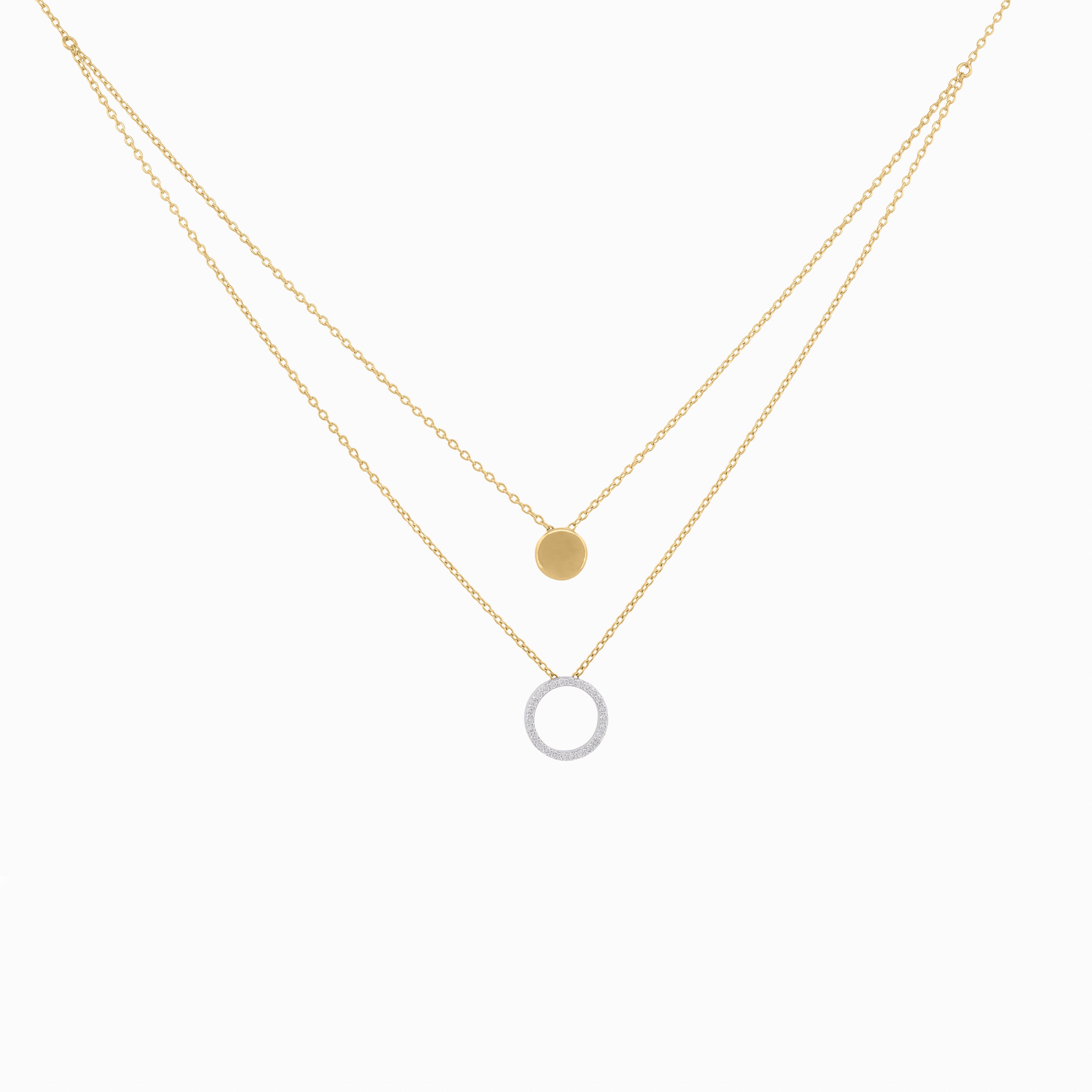 Double Layer Chain Necklace With Round Shape Pendants with Diamond