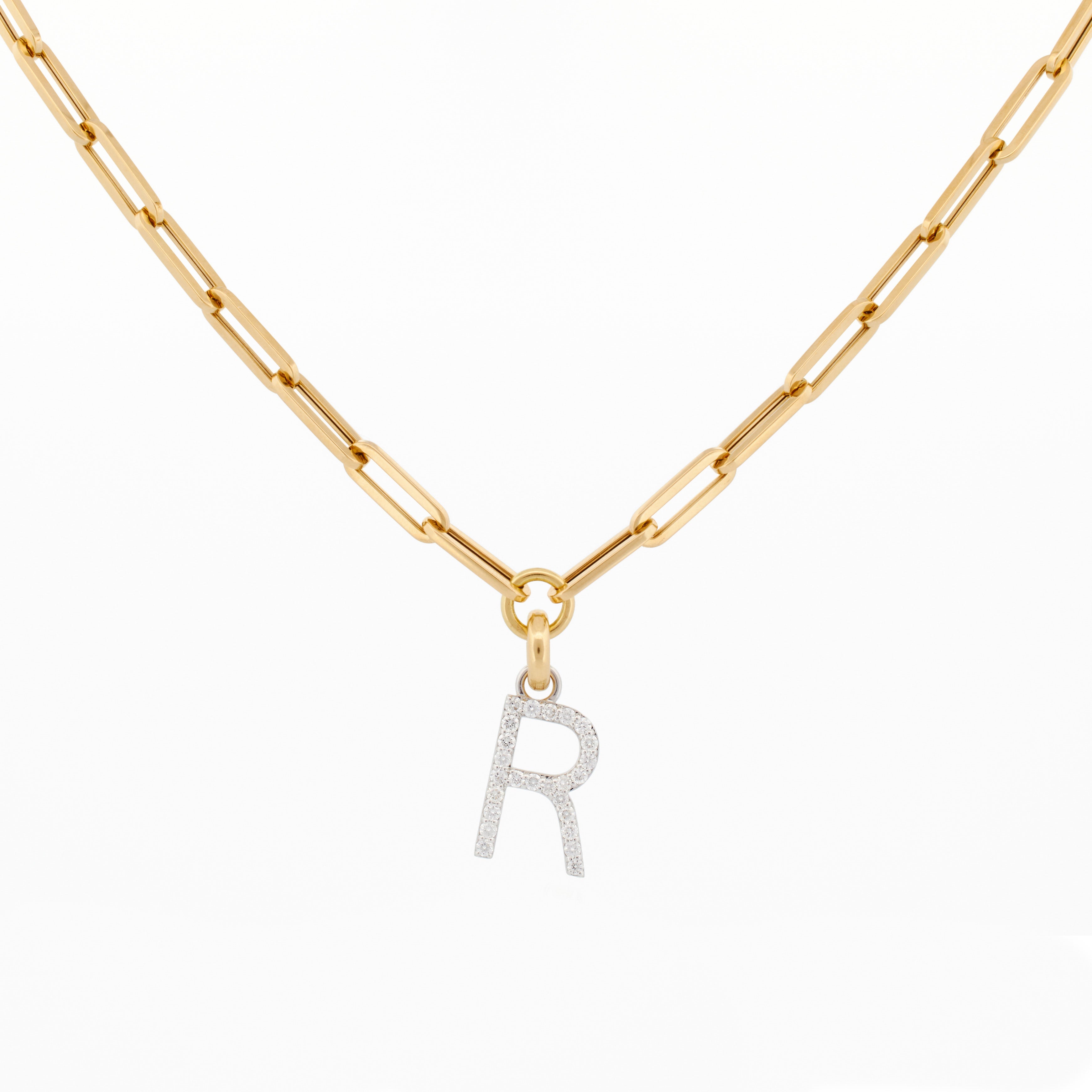 Link Chain Necklace with "R" Diamond Pendant