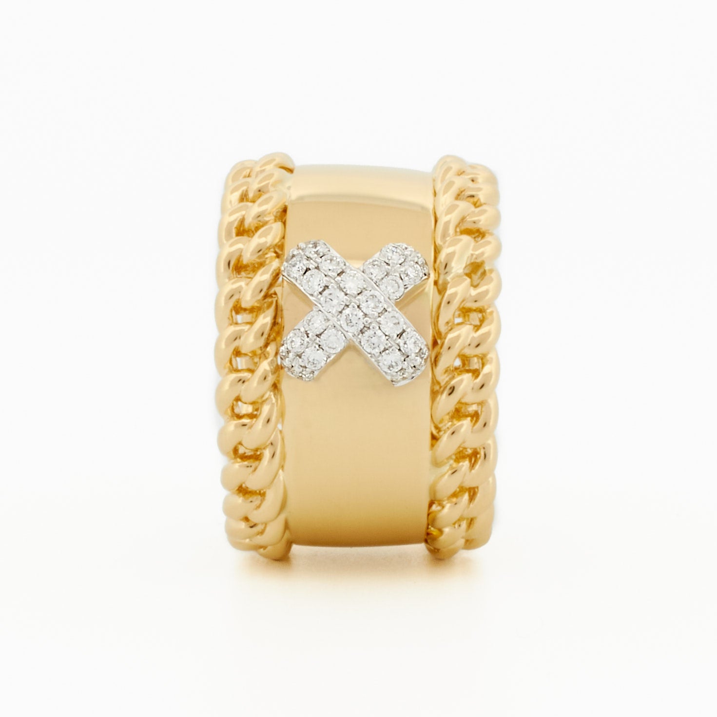 Ring with Chain Accents and Criss-Cross Pavé Diamond Center
