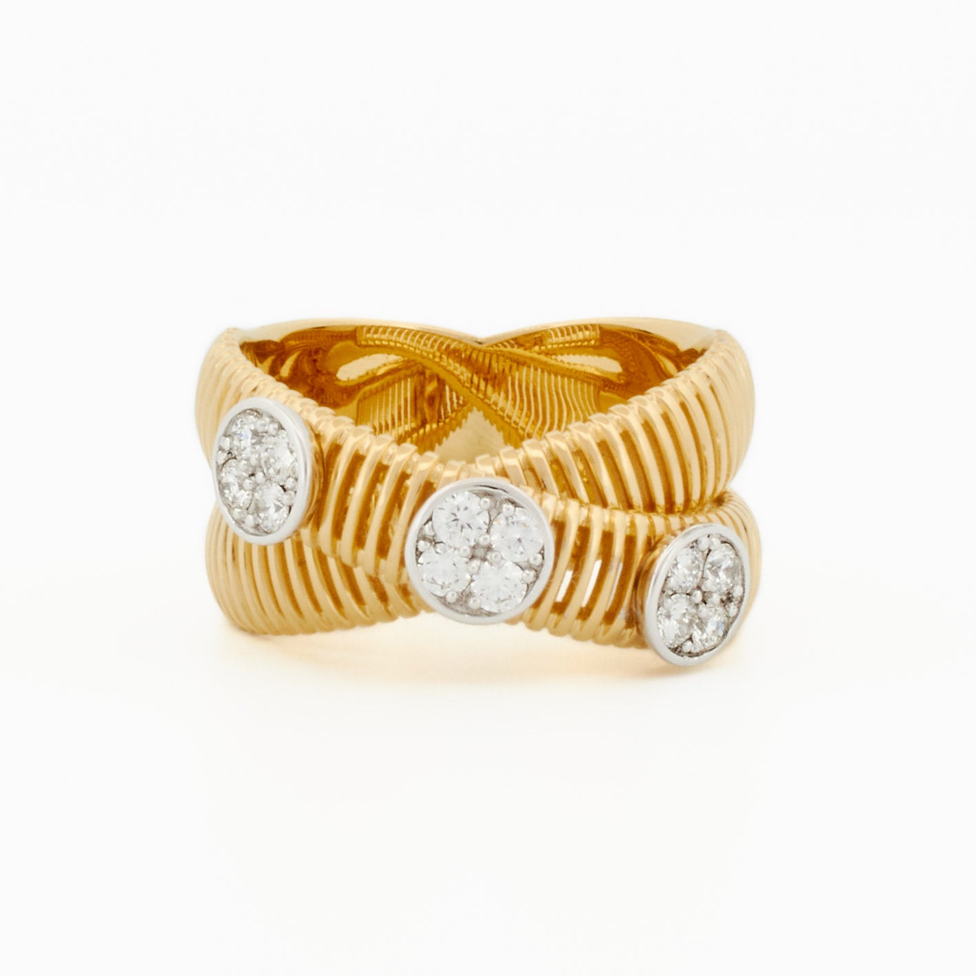 Stunning Crossover Ring with Diamond Cluster Accents