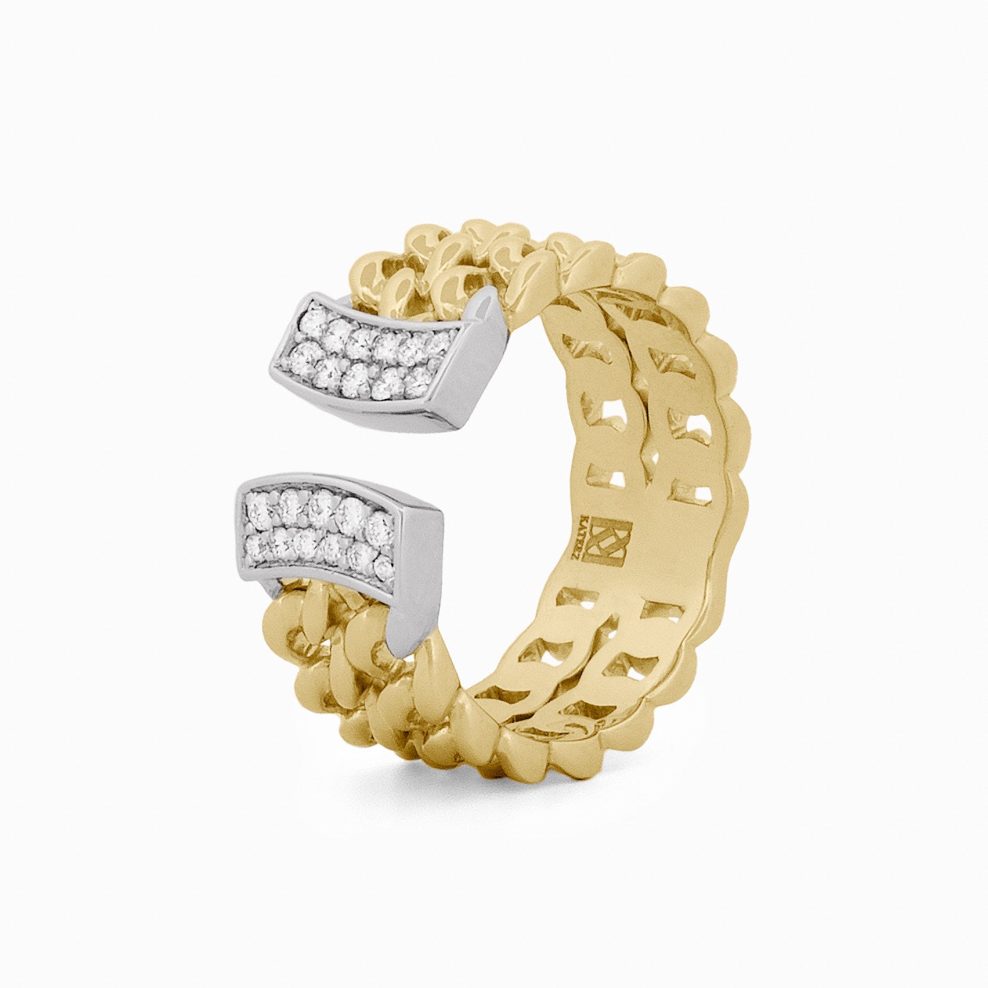 Two Row Chain Ring with Half Moon Pavé Diamond Accents