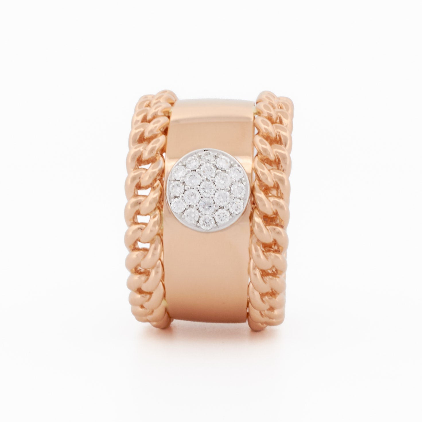 Ring with Chain Accents and Round Pavé Diamond Center