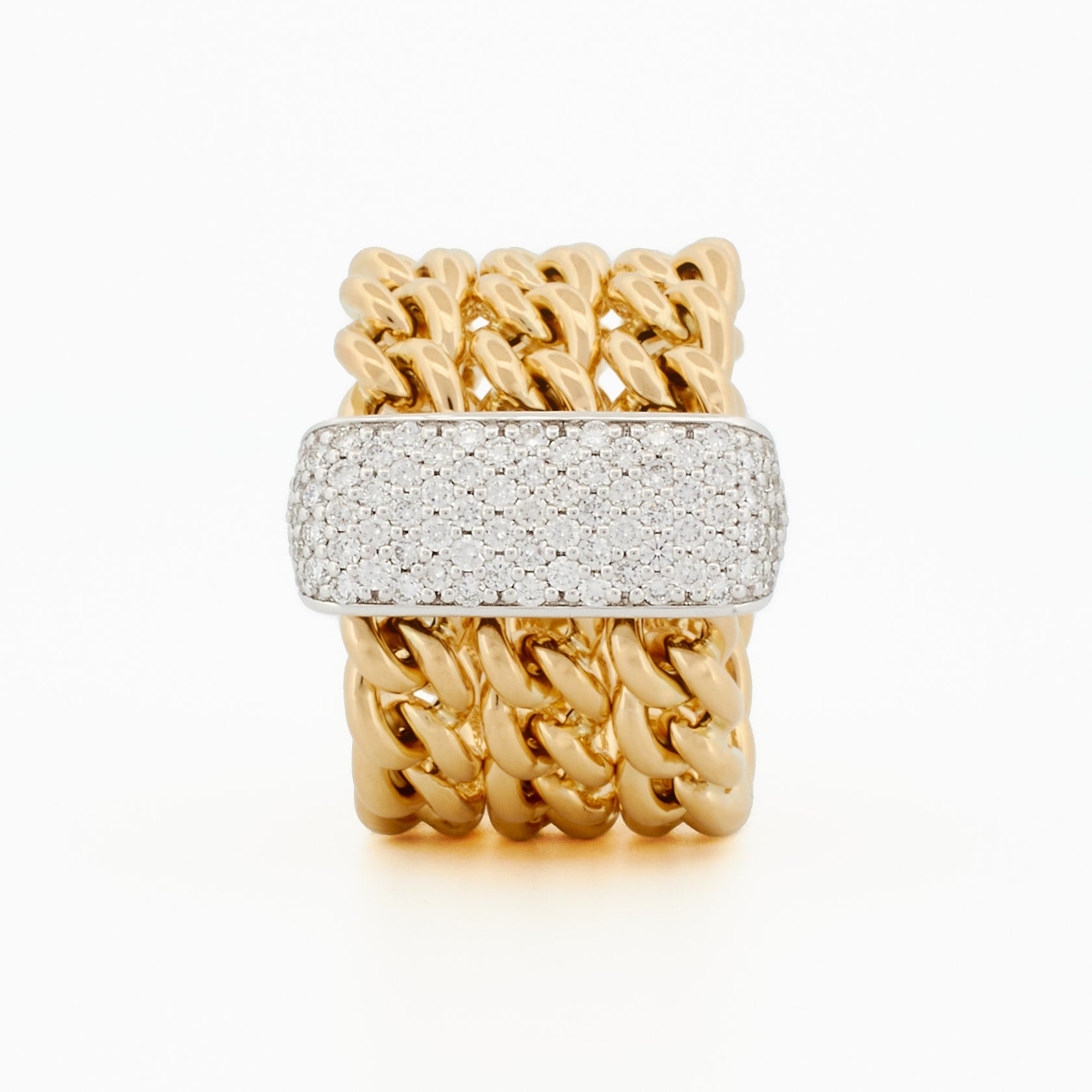 Elegant Three Row Chain Ring with Pavé Diamond Centerpiece