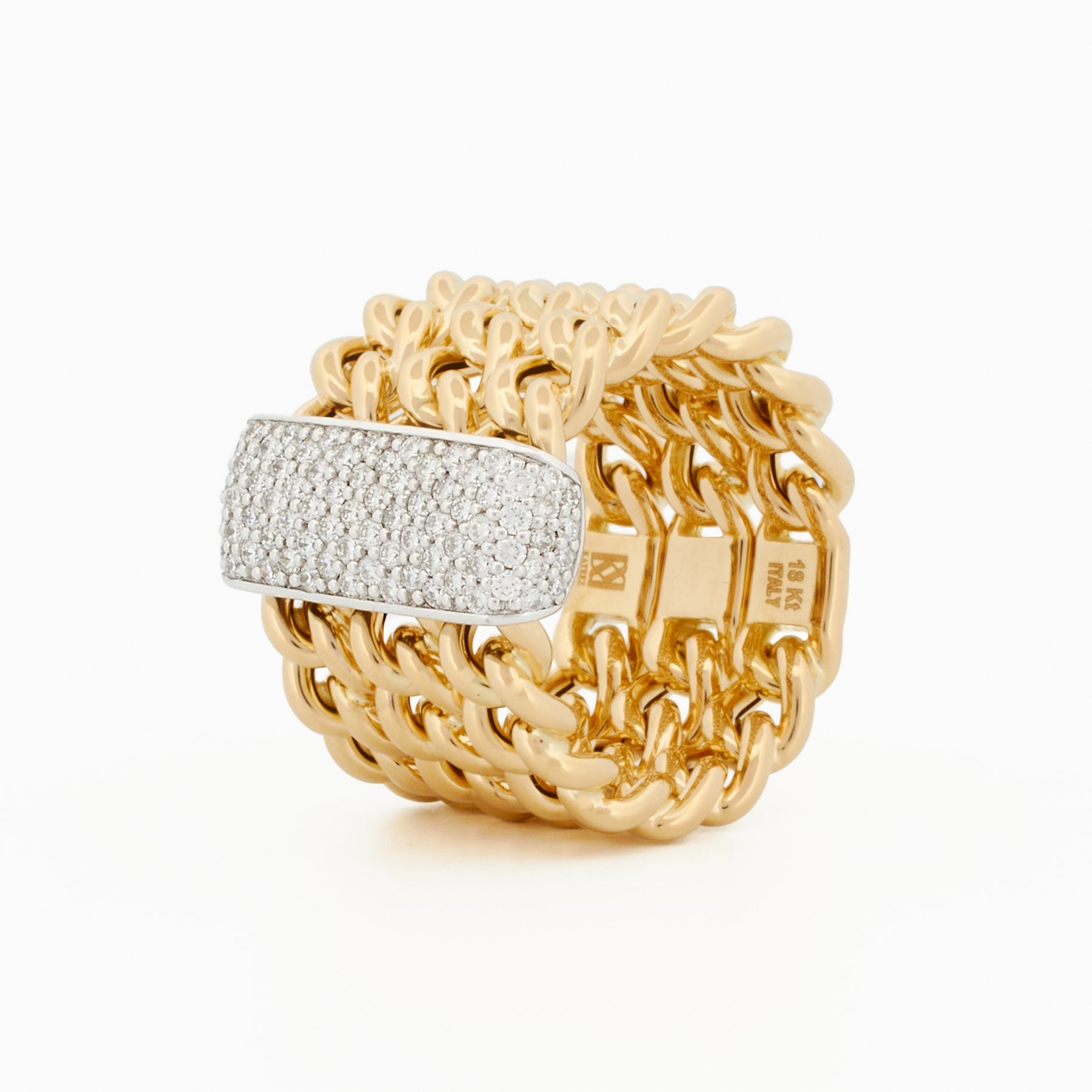 Elegant Three Row Chain Ring with Pavé Diamond Centerpiece
