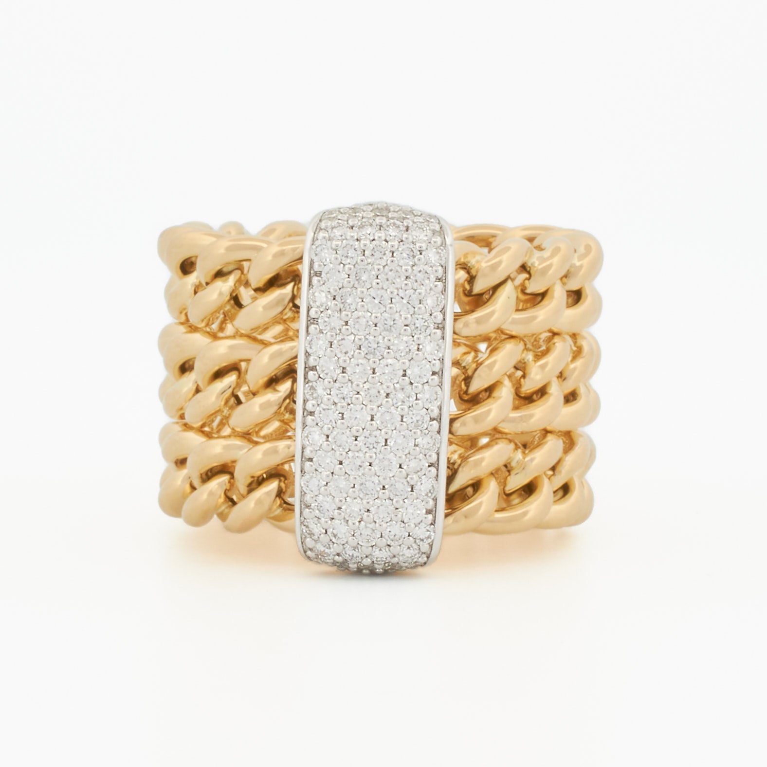 Elegant Three Row Chain Ring with Pavé Diamond Centerpiece