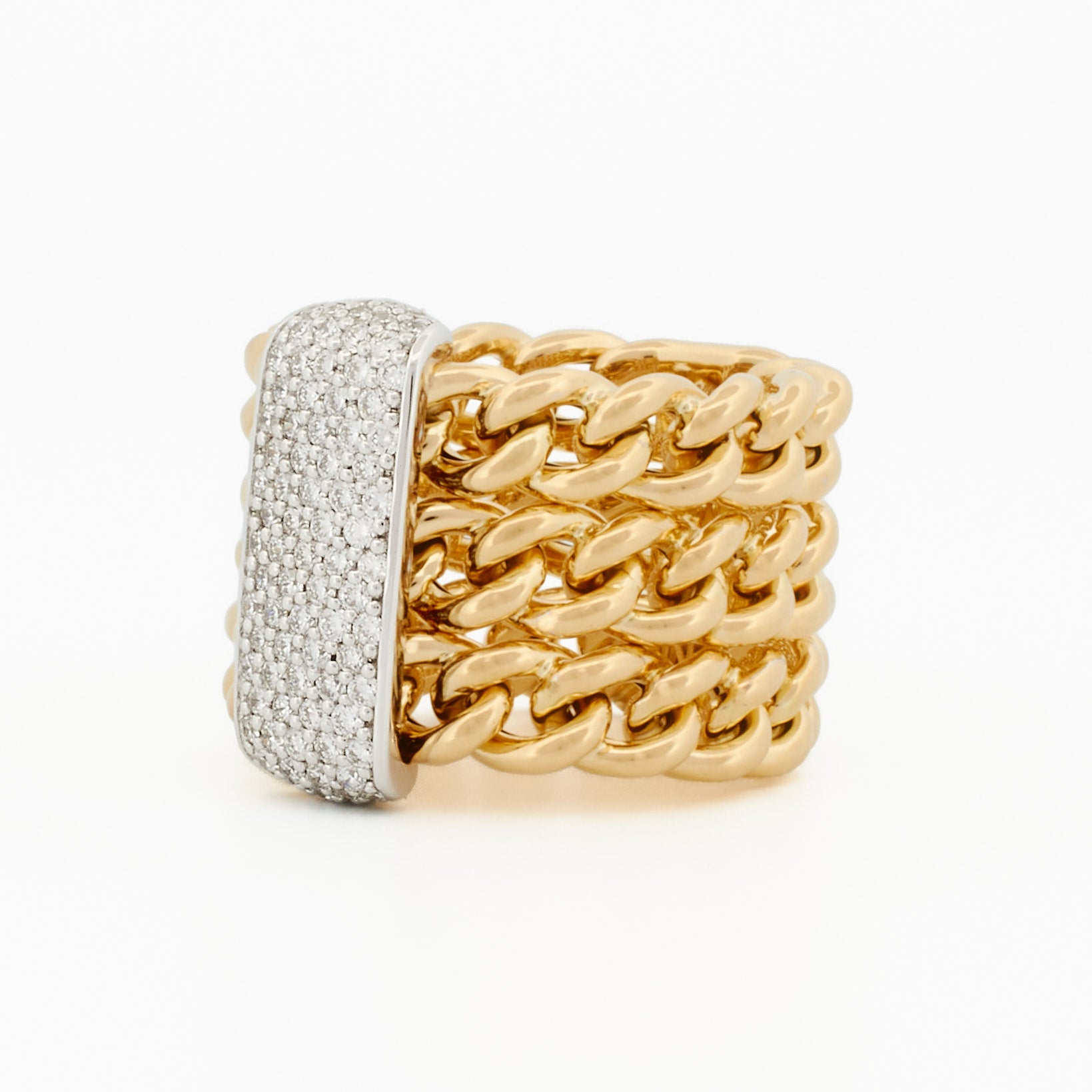 Elegant Three Row Chain Ring with Pavé Diamond Centerpiece