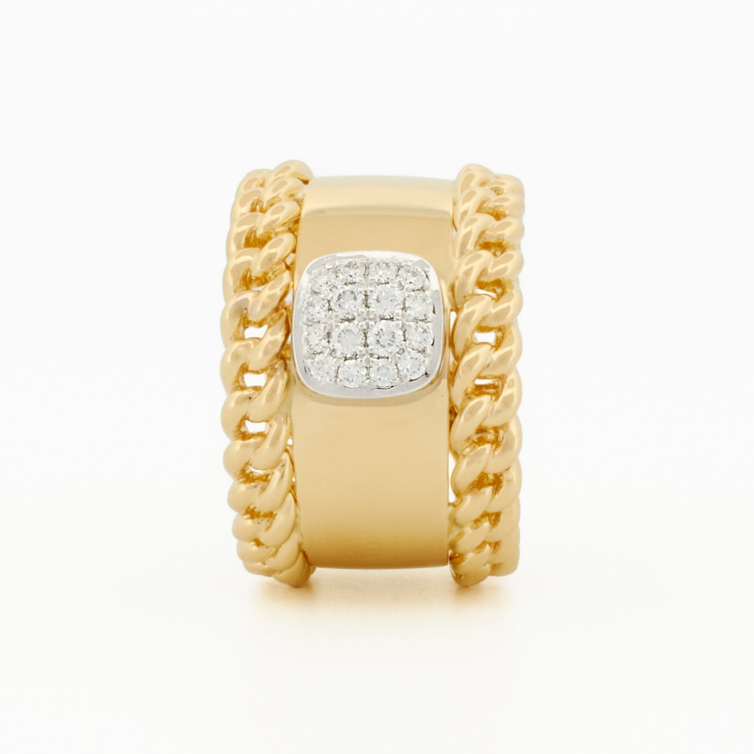 Ring with Chain Accents and Square Pavé Diamond Center