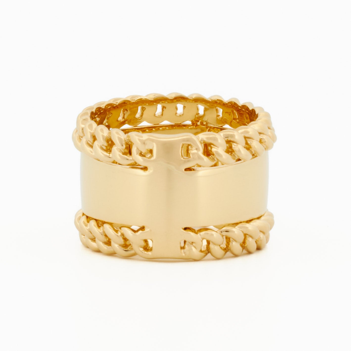 Ring with Chain Accents and Square Pavé Diamond Center