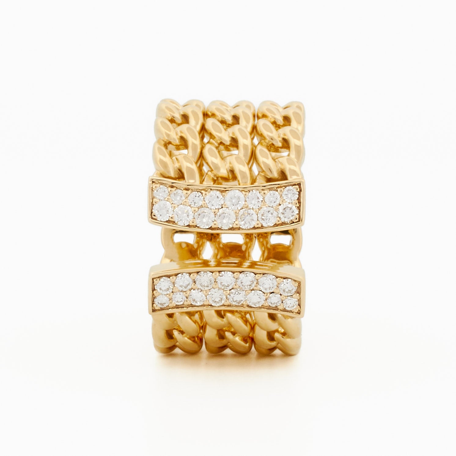Three Row Chain Ring with Half Moon Pavé Diamond Accent